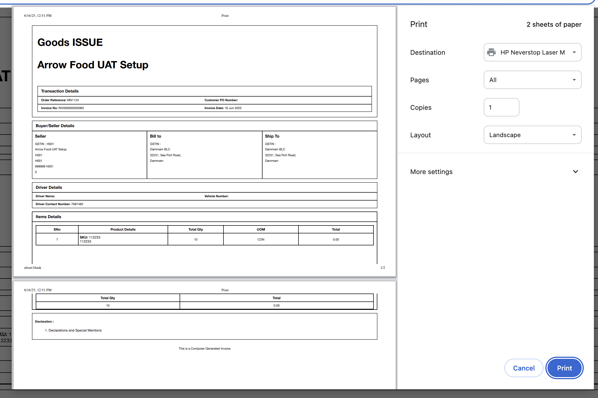 Step #35: We get a pop up to print the invoice. 