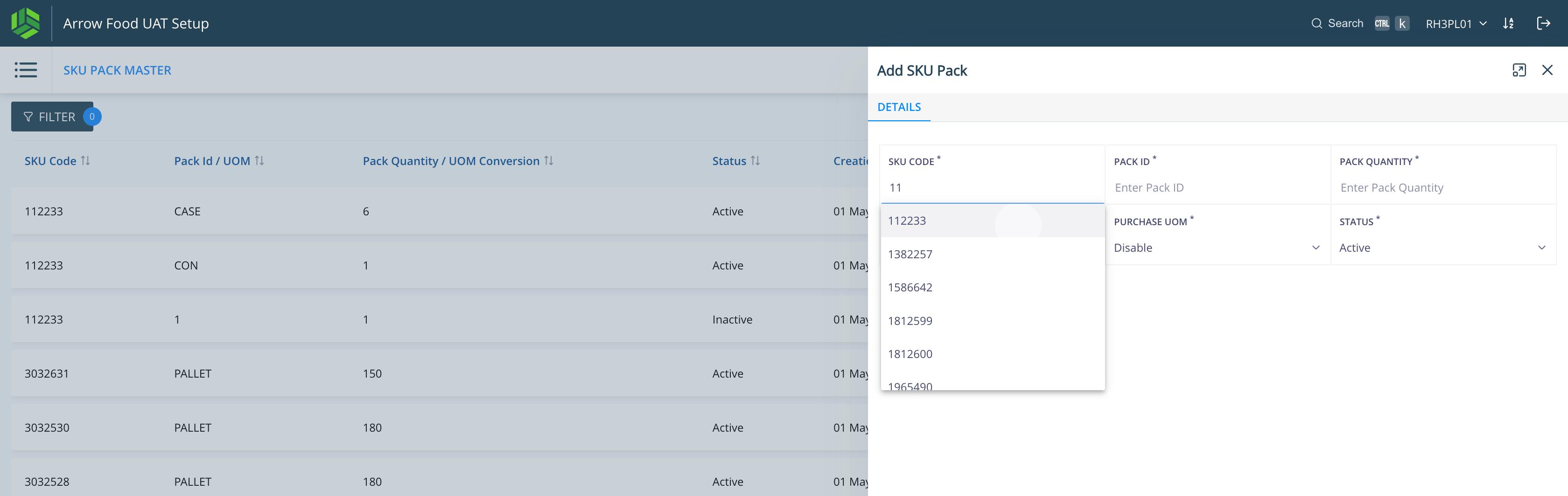 Step #3: Select the SKU code for which PACK ID is to be defined. 