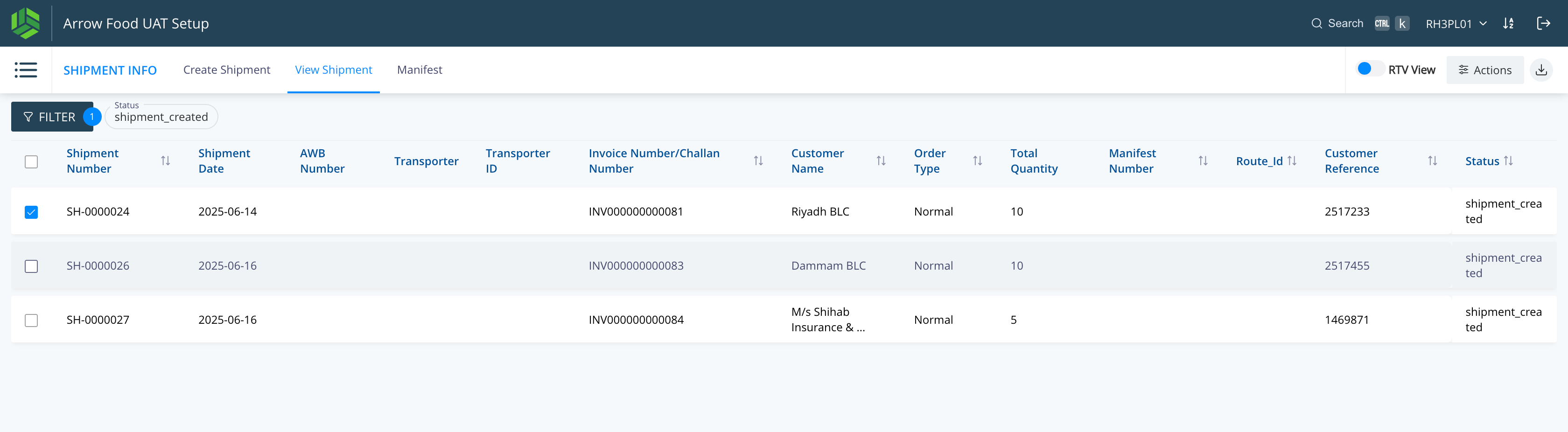 Step #38: Select a single shipment or multiple shipments for which Manifest is to be created. 