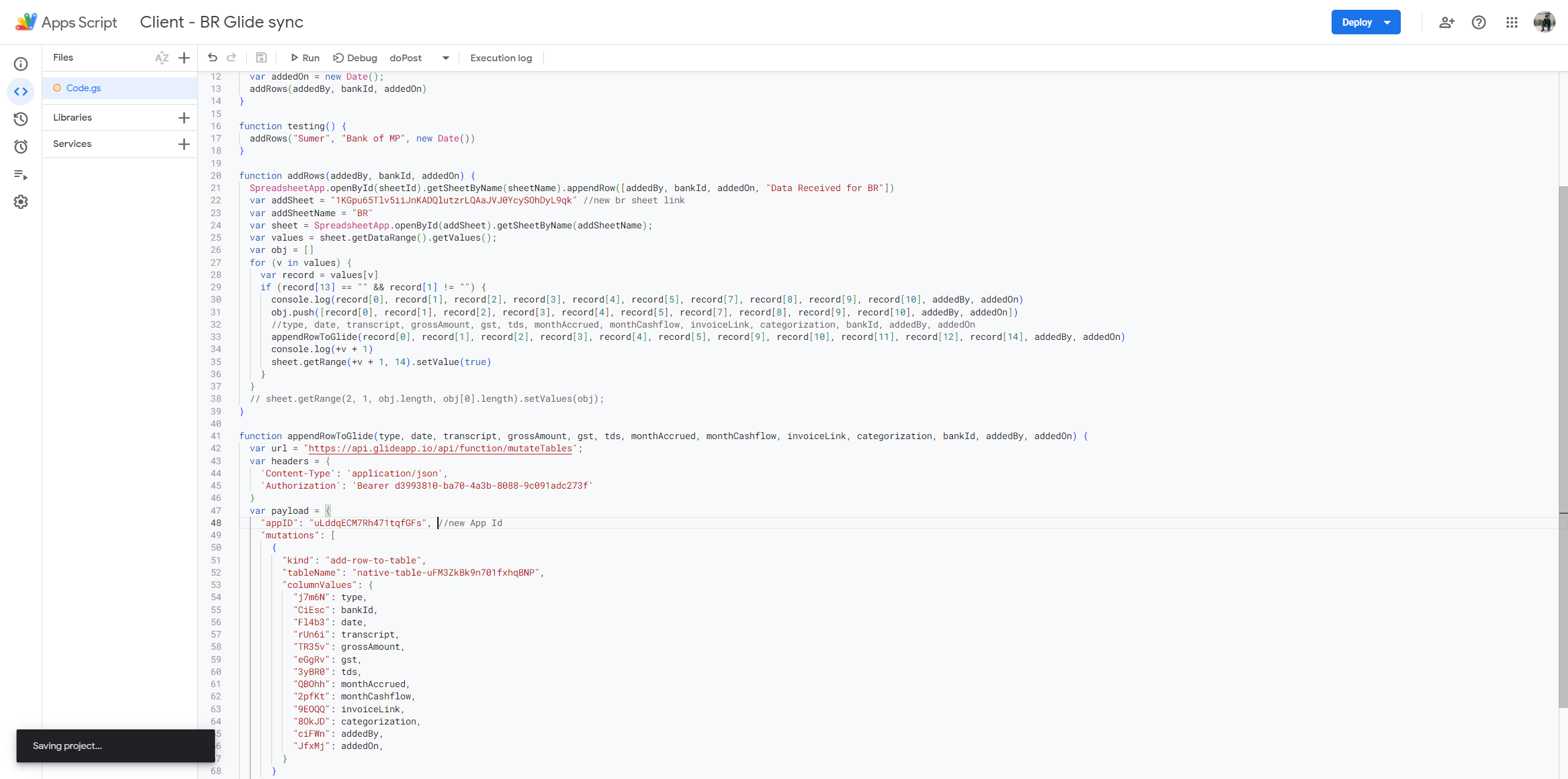 Step #55: Click on "var url = " https://api.glideapp.io/api/function/mutateTables ""