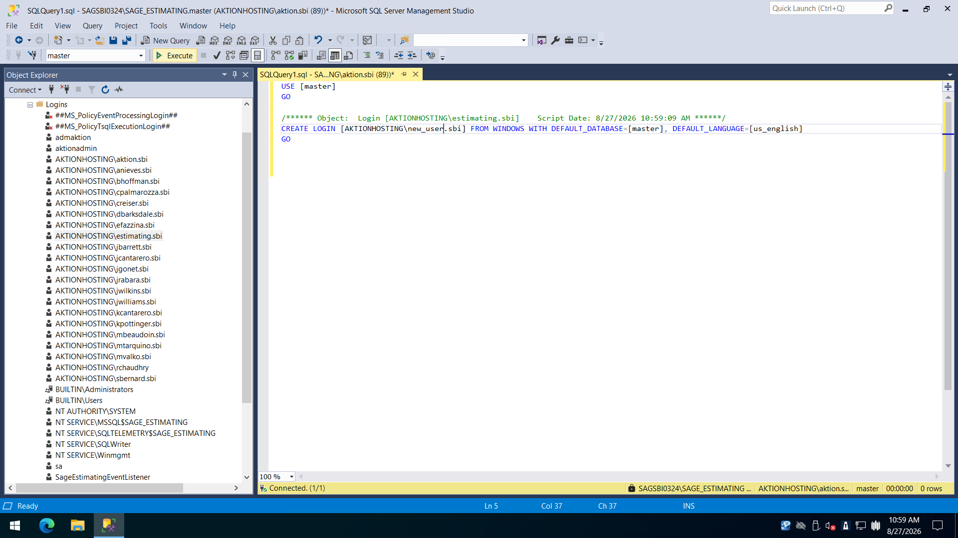 Step #18: Click ▷ Execute on the toolbar (or press F5) to run the script and create the new login.