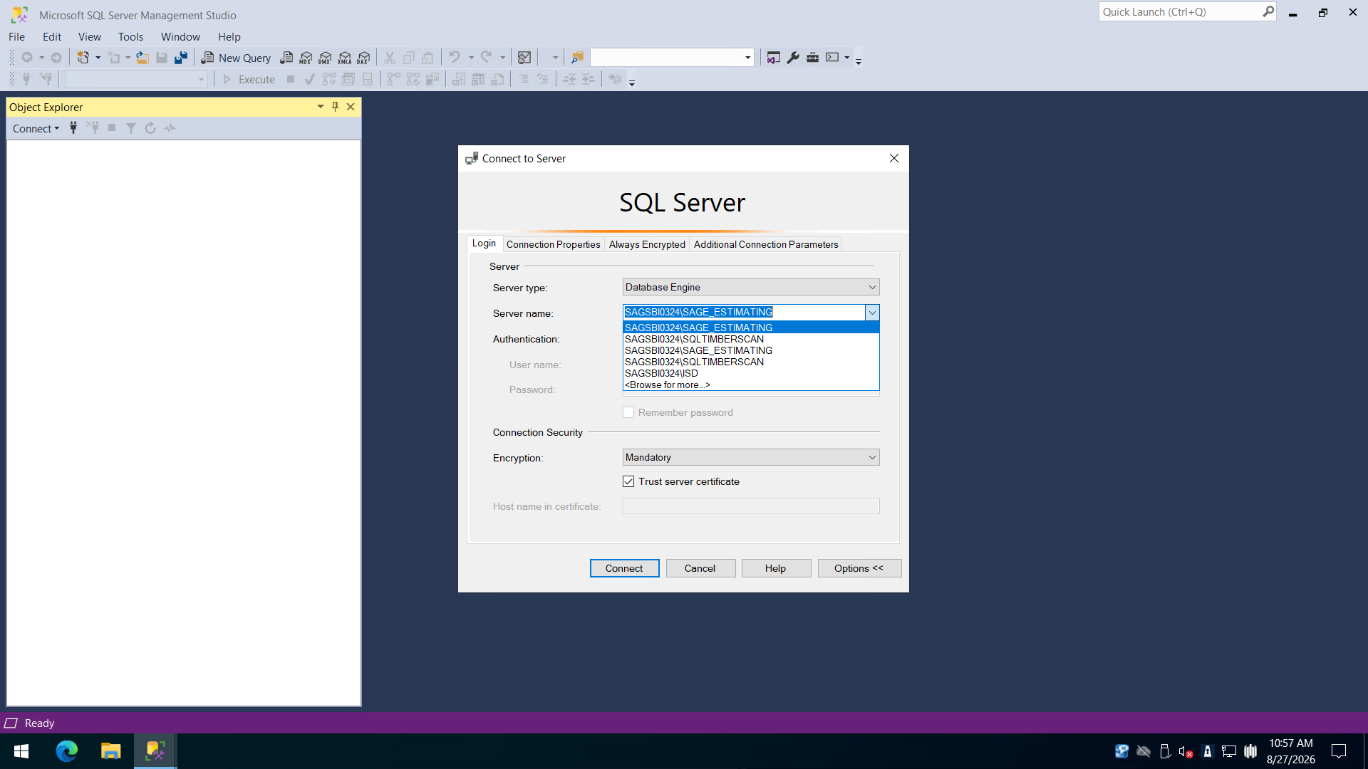 Step #4: Select the target server instance from the drop-down list. Best practice is that this is a seperate OST instance, but in this example the client has their OST databases in the Estimating instance.