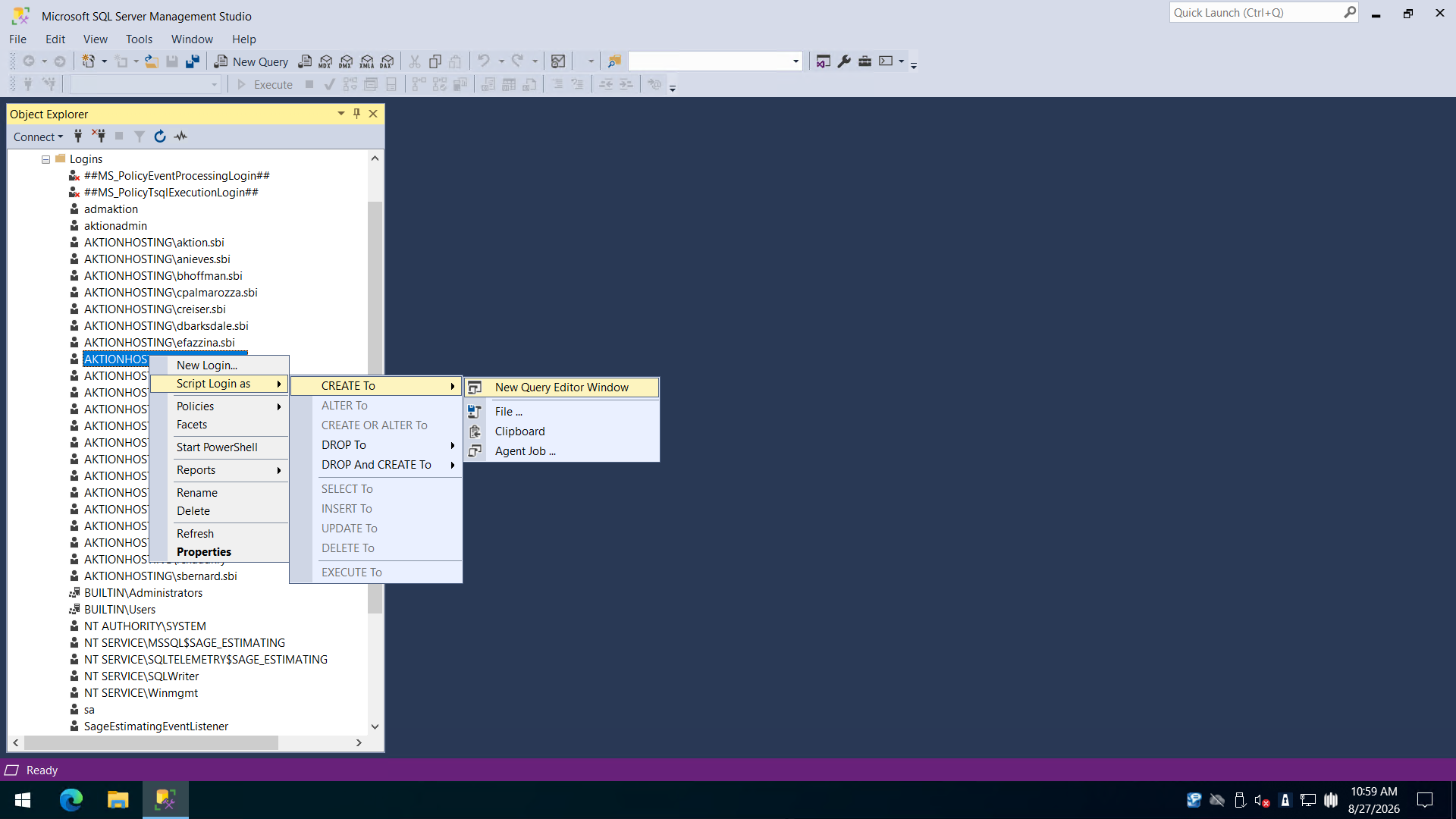Step #16: Click New Query Editor Window under Script Login as > CREATE To.