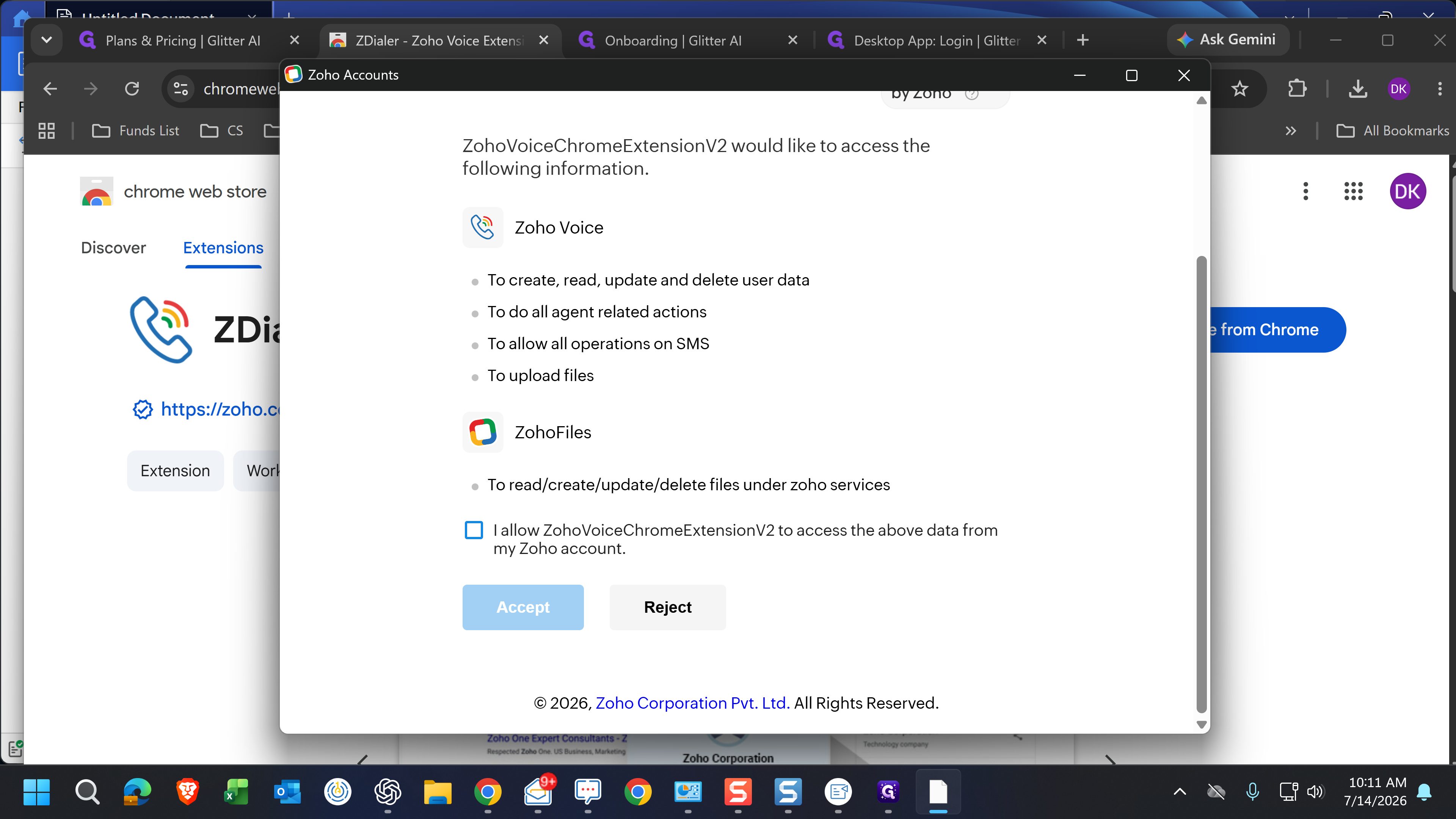 Step #7: Check the box in the authorization window to allow data access from Zoho Voice and Zoho Files.