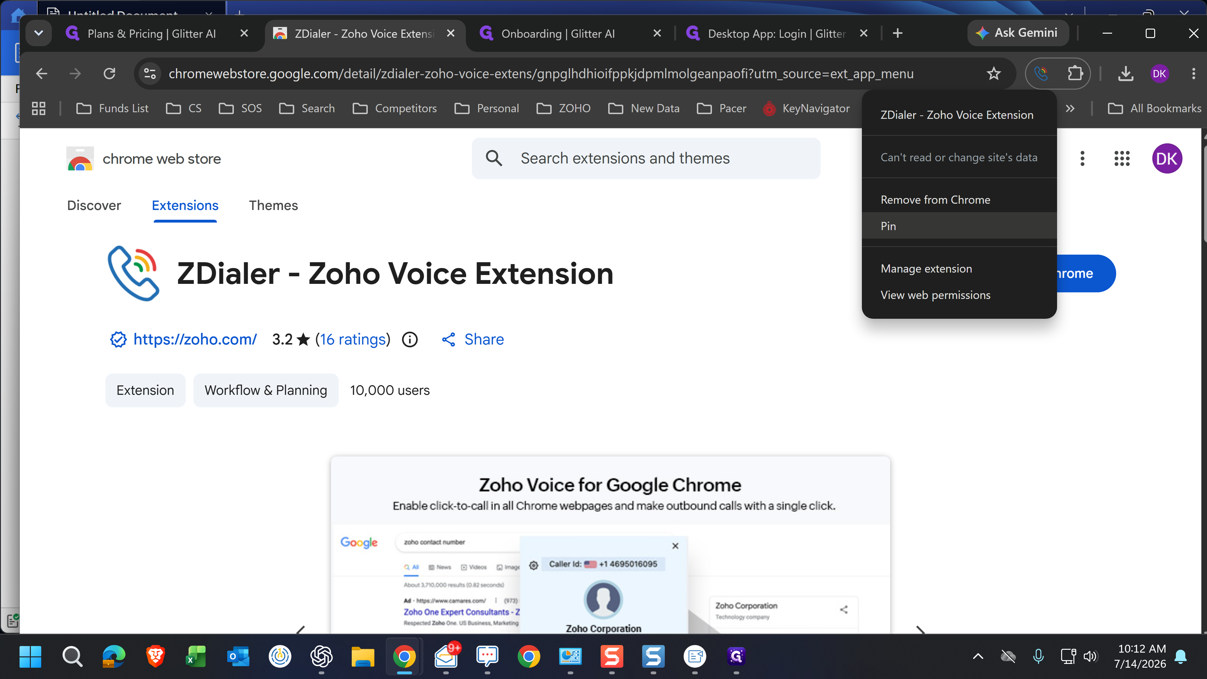 Step #10: Click the Pin icon next to the ZDialer extension.