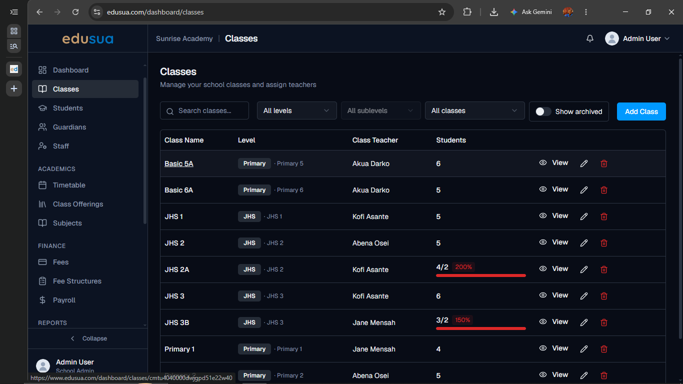 Step #8: Click Basic 5A in the classes table to open the class view.