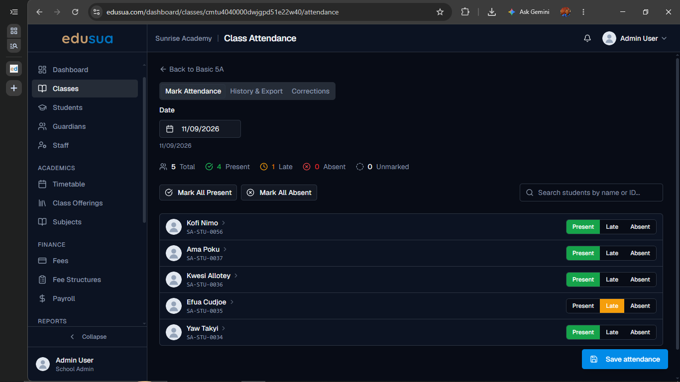 Step #5: Click Save attendance at the bottom right of the page to save the records.