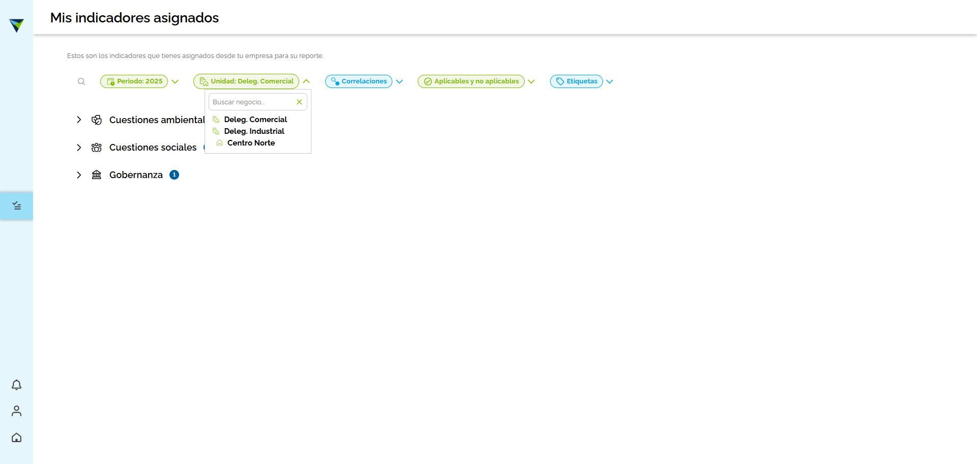 Step #3: Visualizarás los indicadores asignados a tu perfil. Si lo necesitas, puedes filtrarlos por unidad de reporting o por periodo.