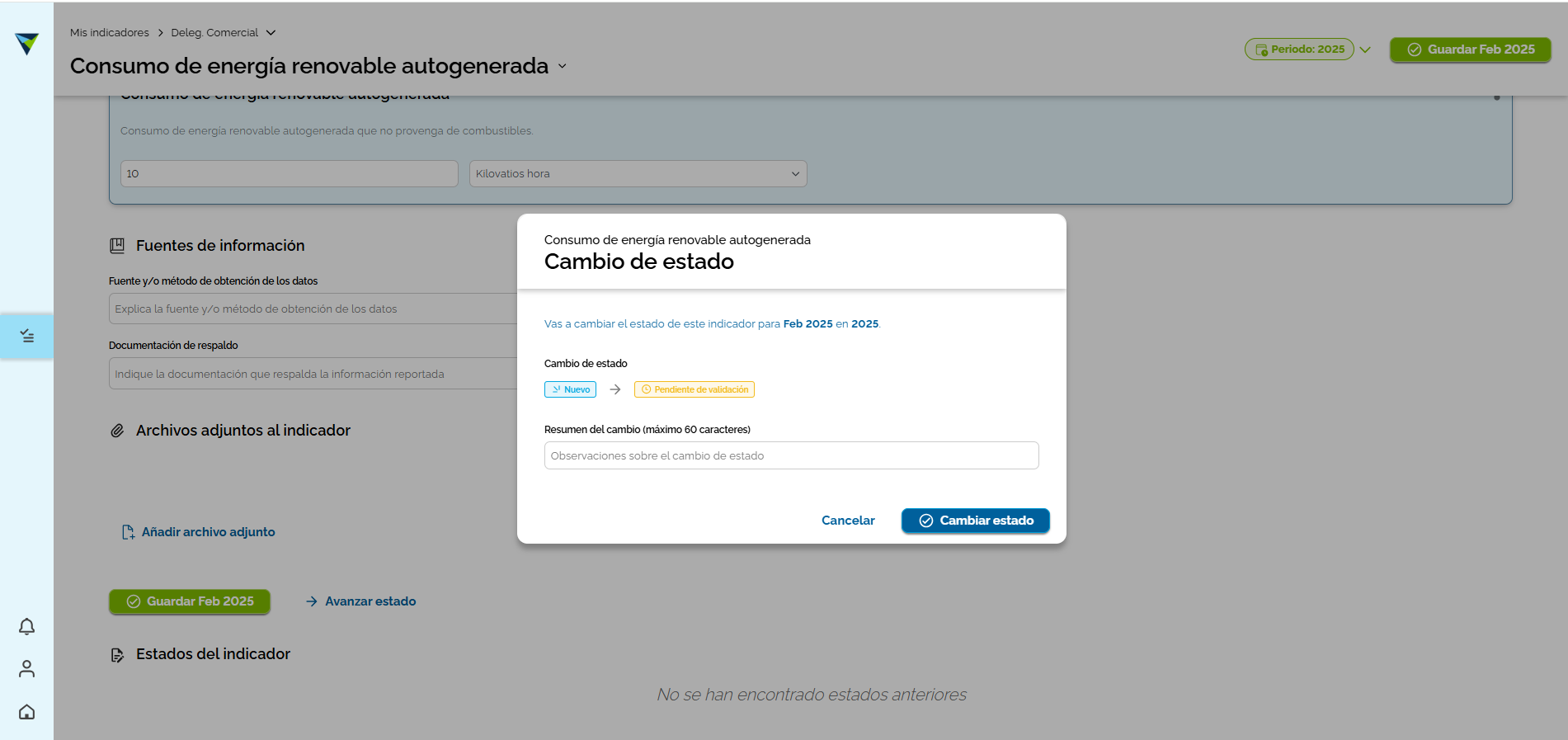 Step #9: Aparecerá una ventana indicando el cambio de estado. Si lo deseas, podrás agregar un detalle en el campo "Resumen del cambio". Luego, haz clic en "Cambio de estado" para continuar con el proceso.