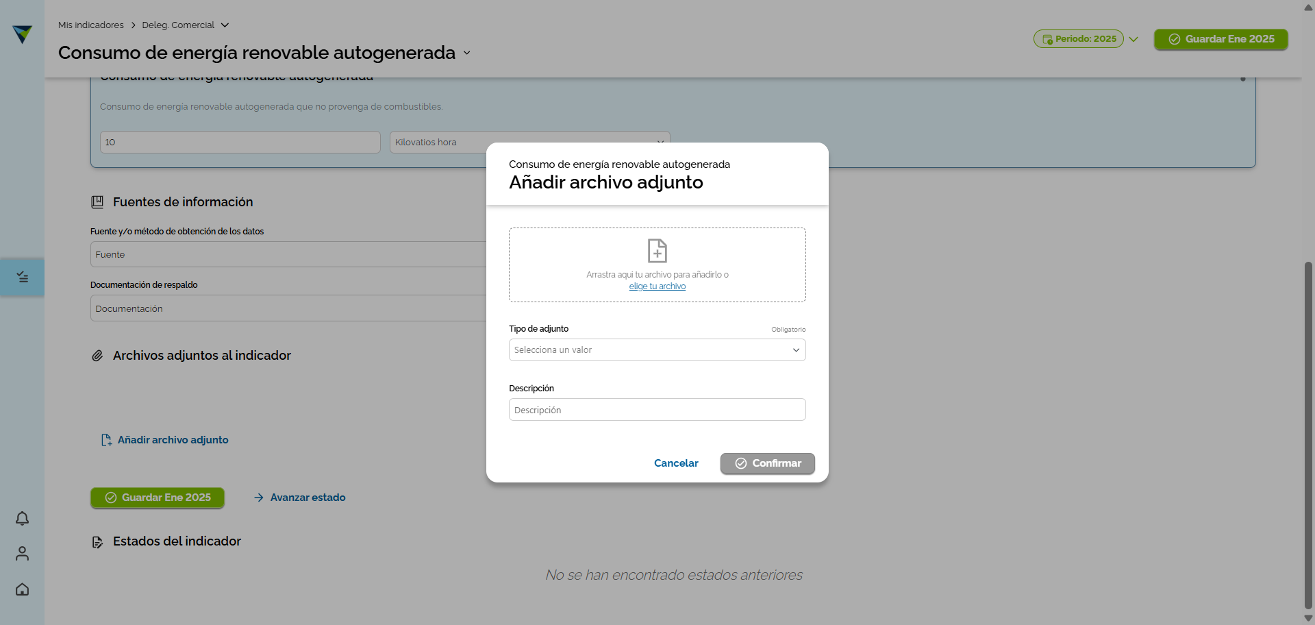 Step #7: Además, al hacer clic en "Archivos adjuntos", se podrá adjuntar toda la evidencia necesaria para la posterior validación. Poe ejemplo, facturas, actas, reportes, etc.