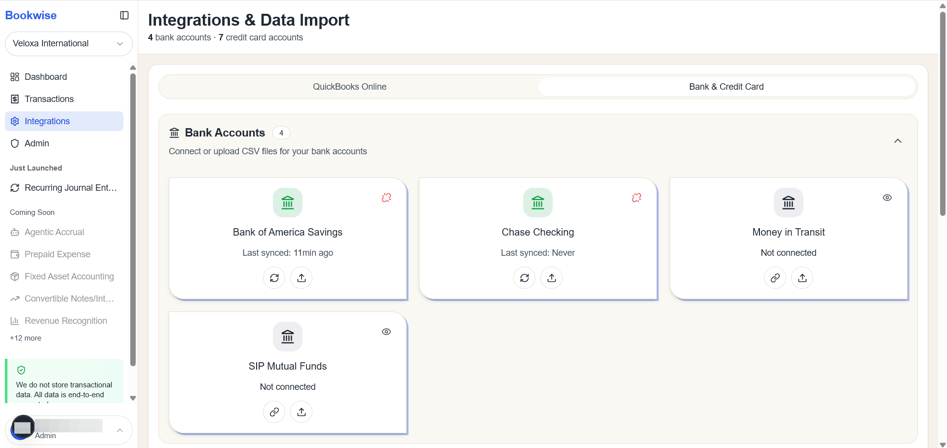 Step #1: Go to Integrations page's Bank and Credit card tab and Click on Upload CSV button