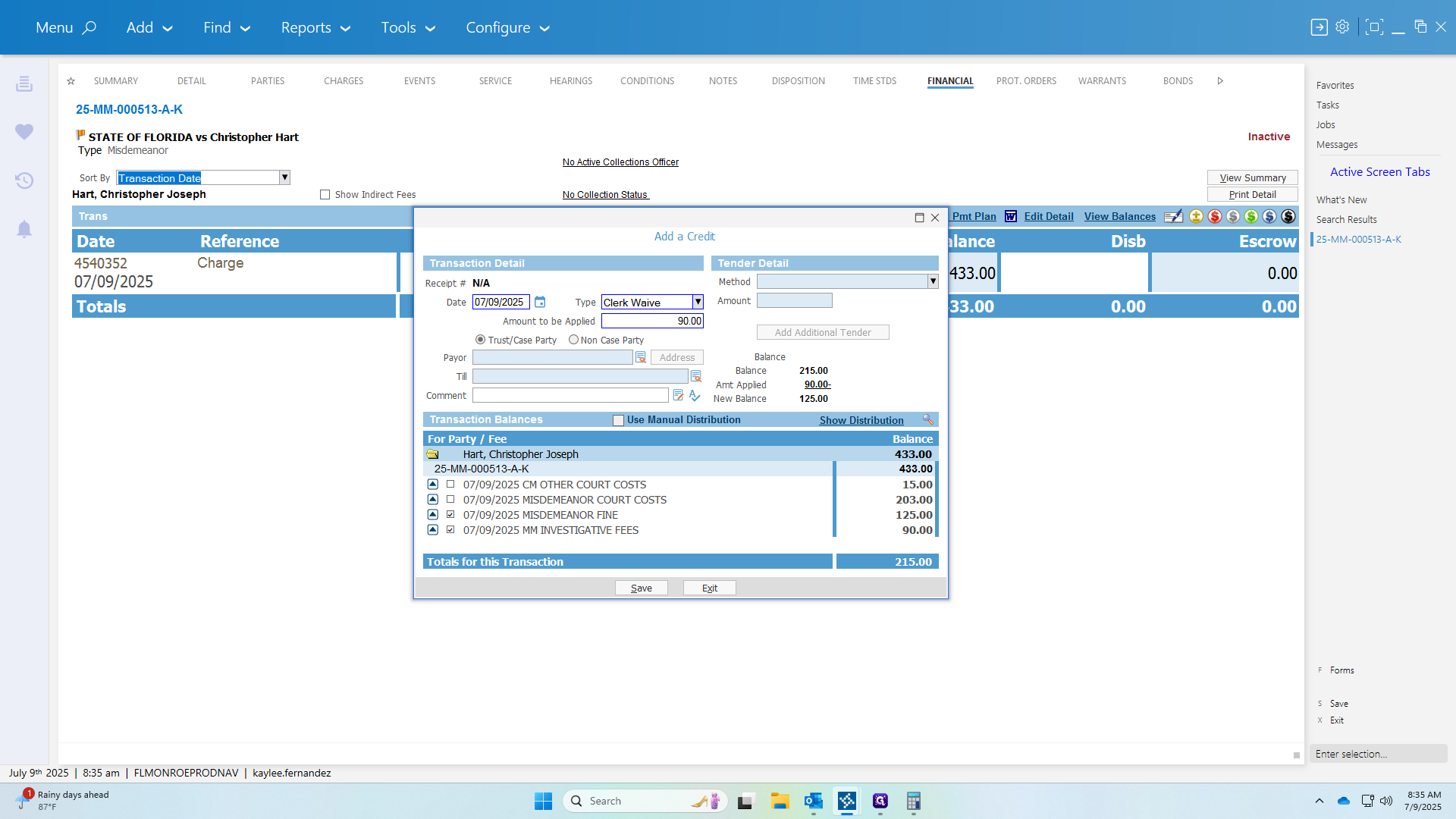 Step #61: Click on "MISDEMEANOR COURT COSTS AND MISDEMEANOR FINE"