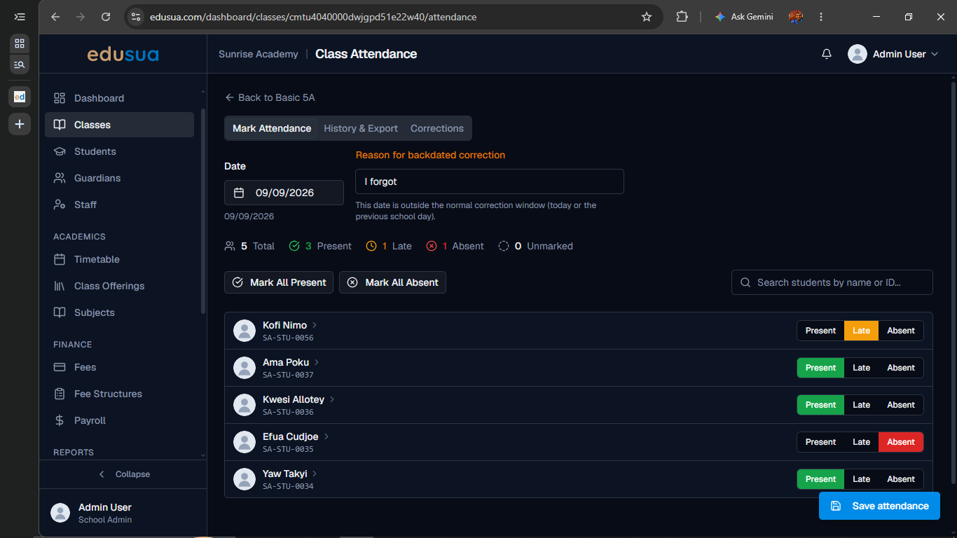 Step #20: Click Save attendance to finalize the backdated update.