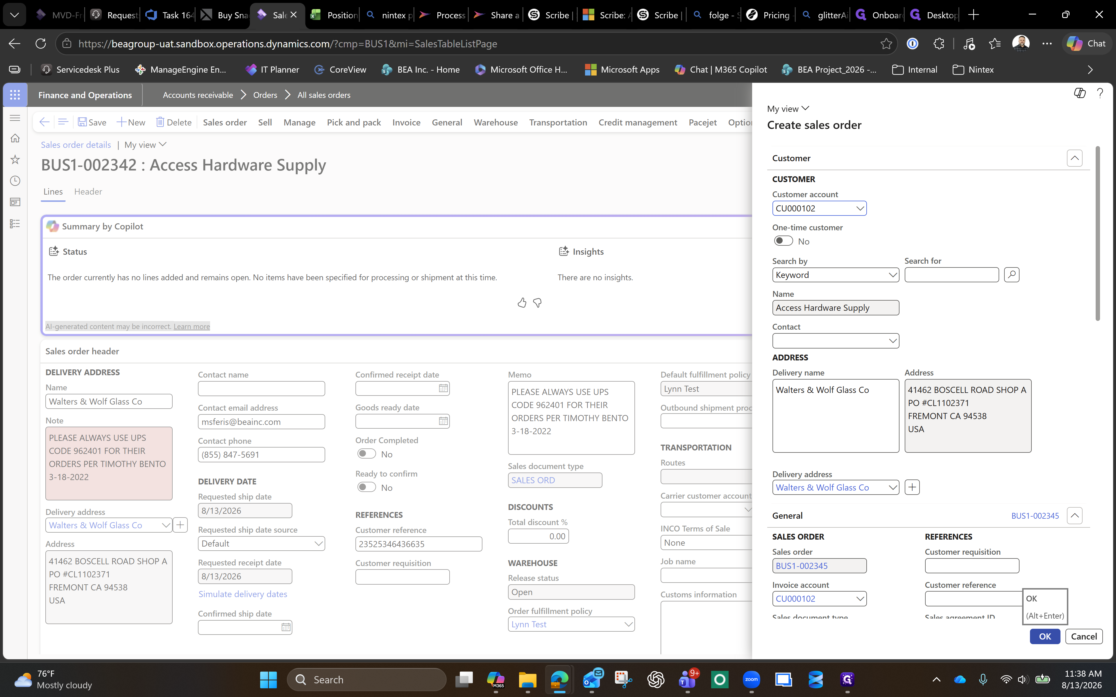 Step #6: Click OK at the bottom of the panel to confirm your details and successfully generate the new sales order.