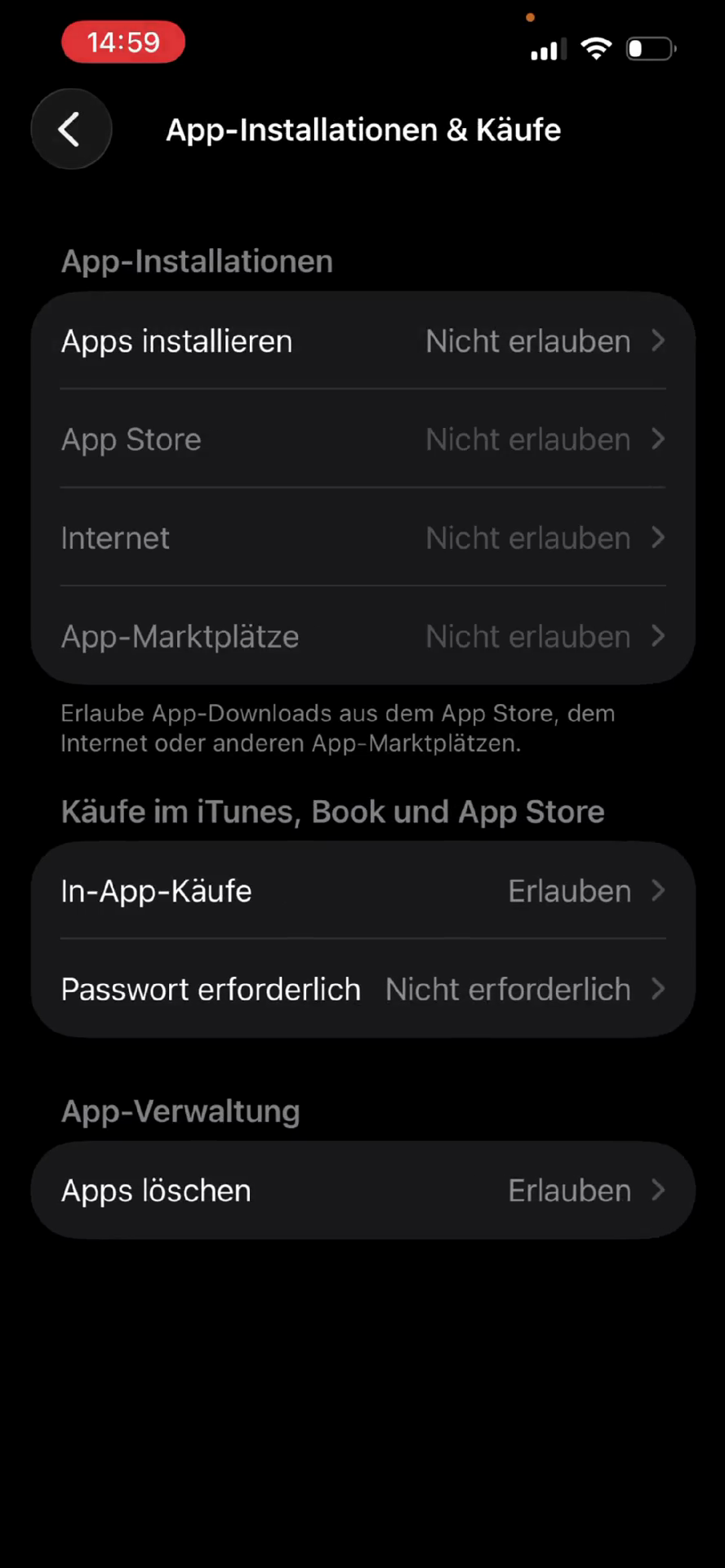Step #18: Gehe einen Schritt zurück, tippe auf Apps löschen und wähle ebenfalls Nicht erlauben.