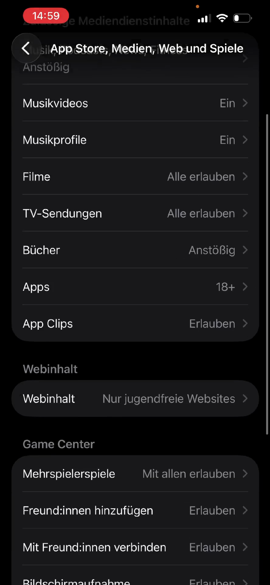 Step #21: Tippe auf Webinhalt und stelle sicher, dass Nur jugendfreie Websites ausgewählt ist.