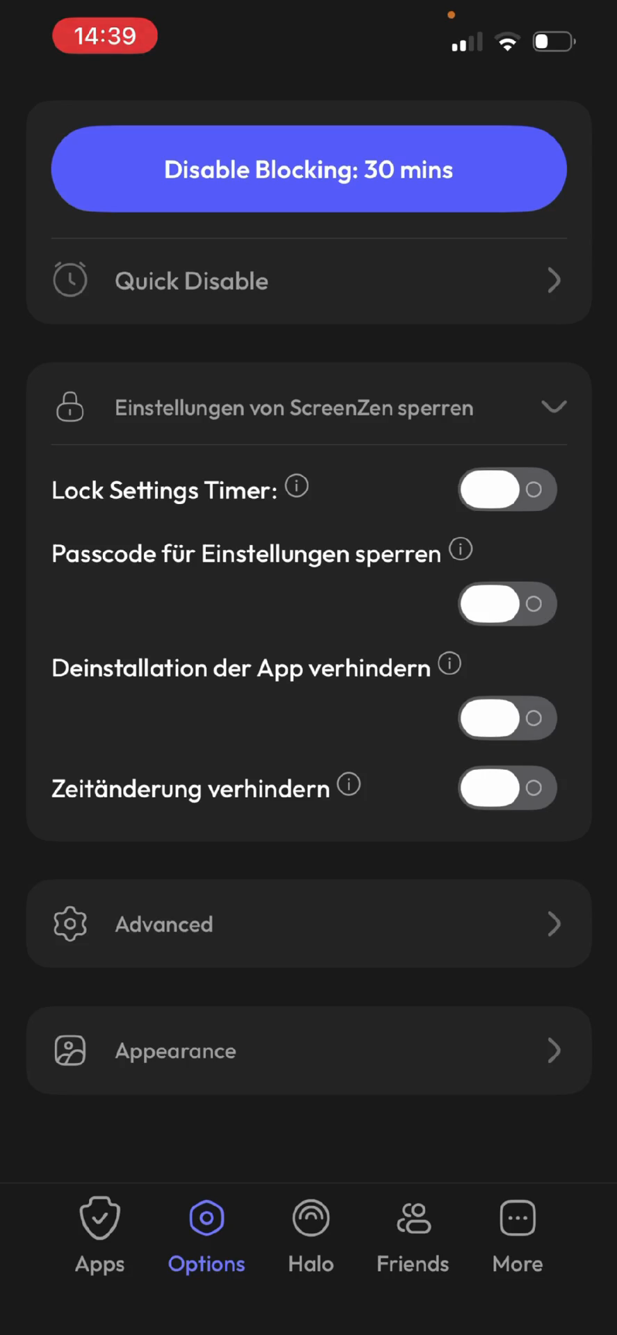 Step #7: Aktiviere den Schalter neben Passcode für Einstellungen sperren.