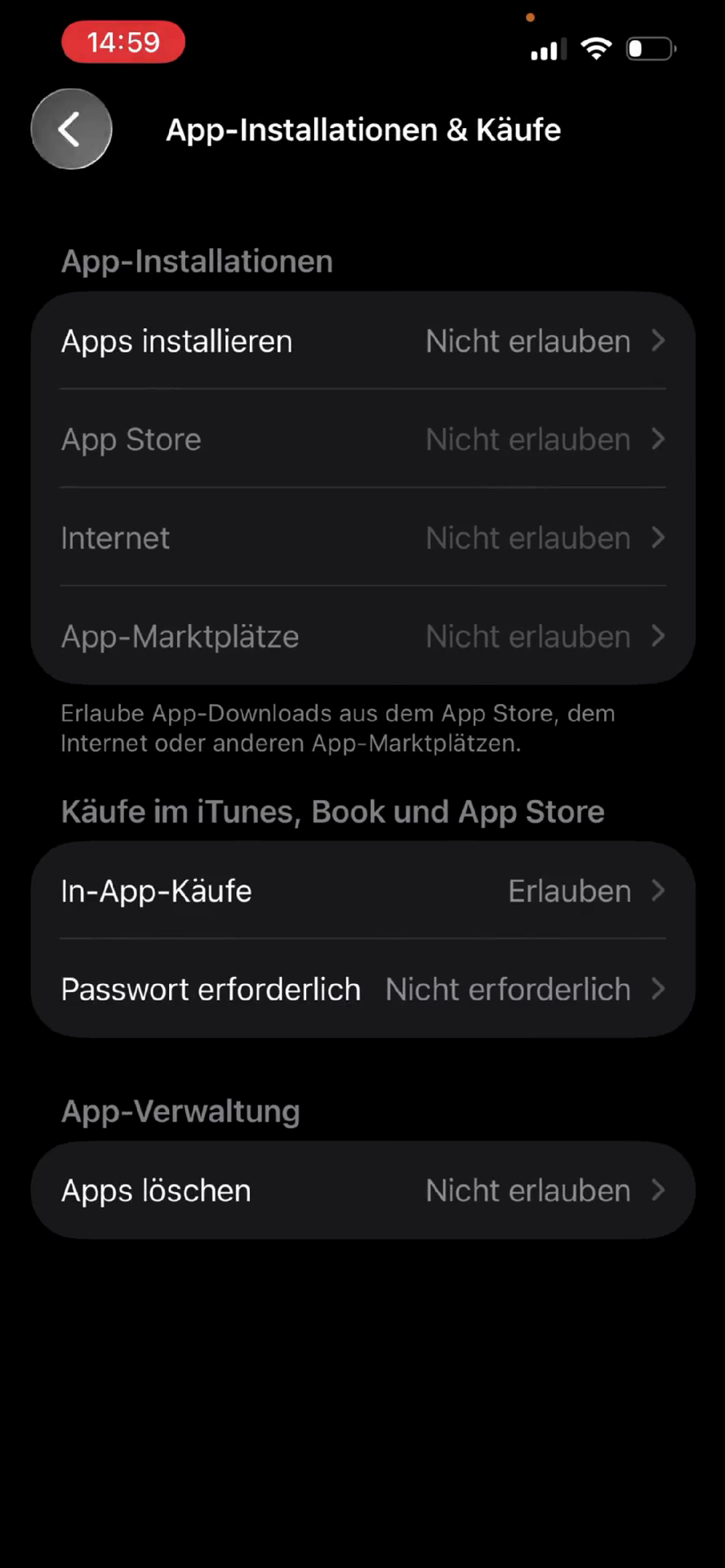 Step #19: Tippe oben auf Zurück, um wieder in das Hauptmenü für Beschränkungen zu gelangen.