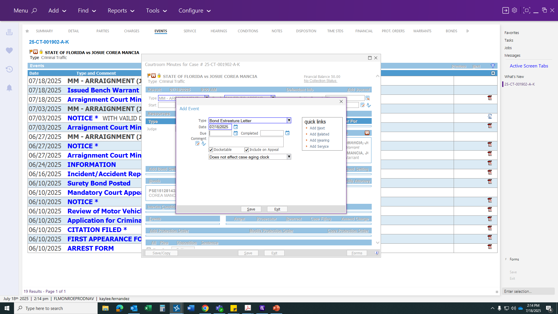 Step #71: Click on "Type Bond Estreature Letter Date 07/18/2025"
