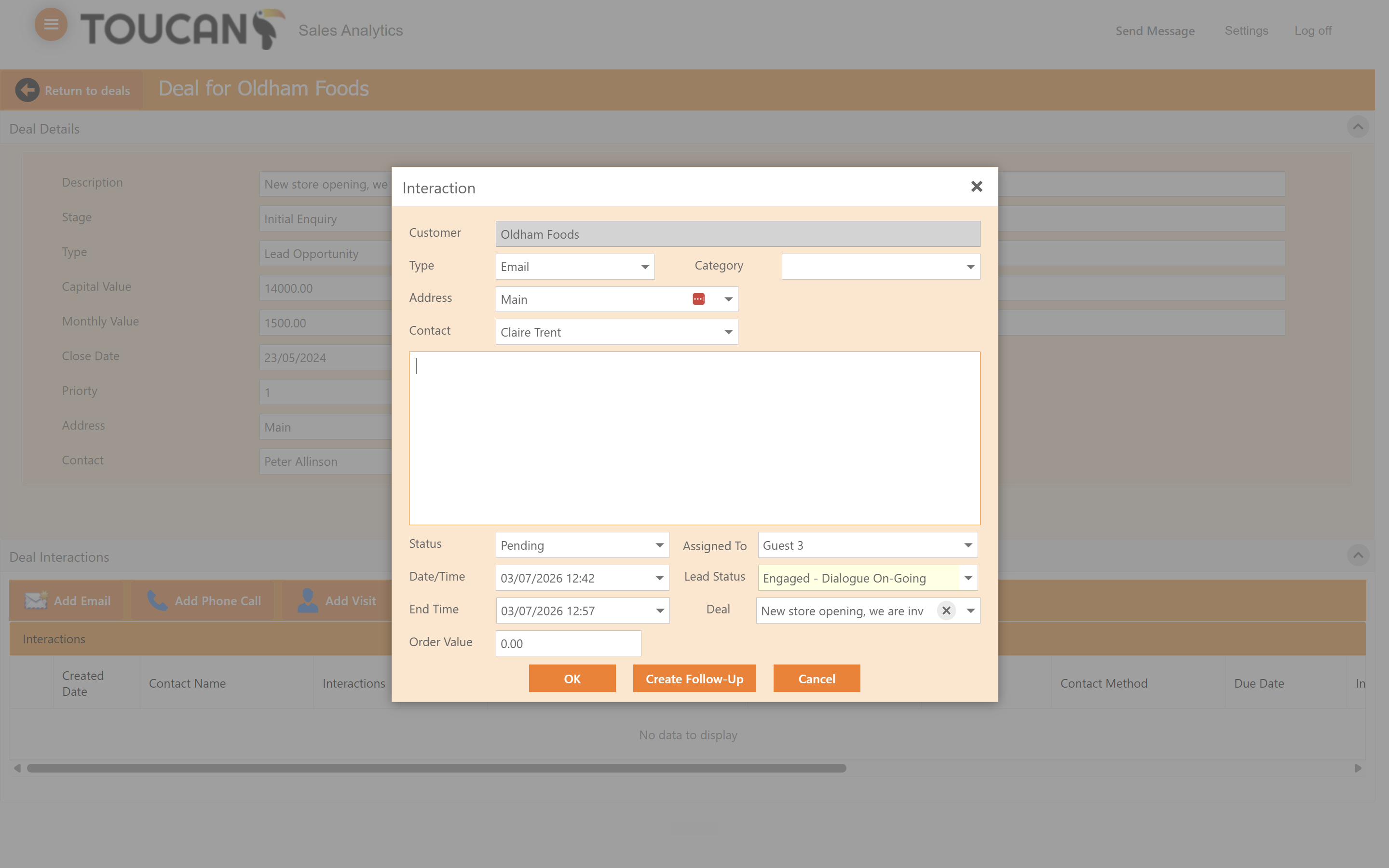 Step #10: Fill in the interaction details and click OK to save the record.