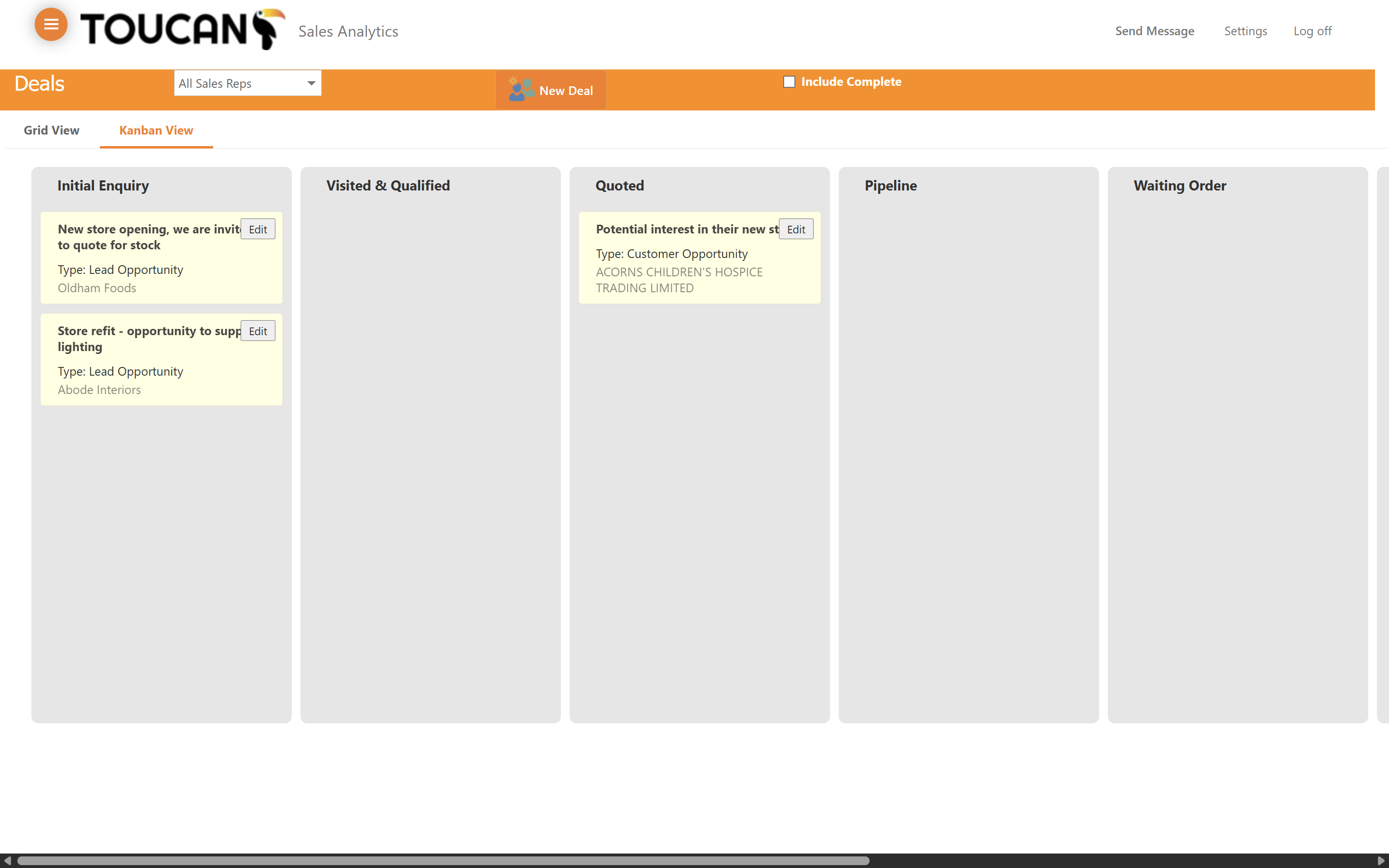 Step #2: Click Kanban View to visualise and manage deals as cards across different stages. The title of the cards will become the Deal title so ensure it is short and descriptive.