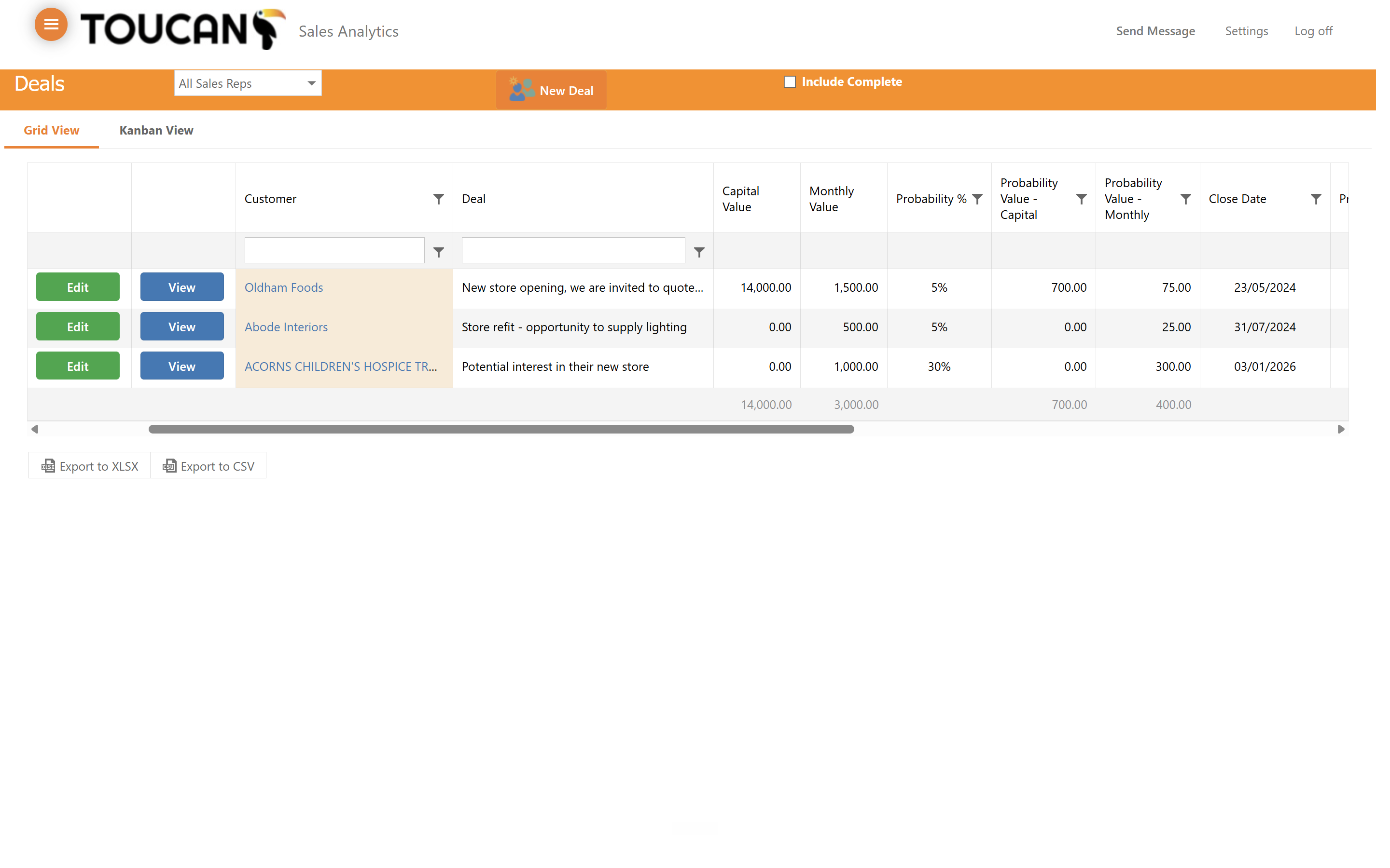 Step #3: To change the configuration of your list view, use the column heading filters to sort and filter your deal lists.