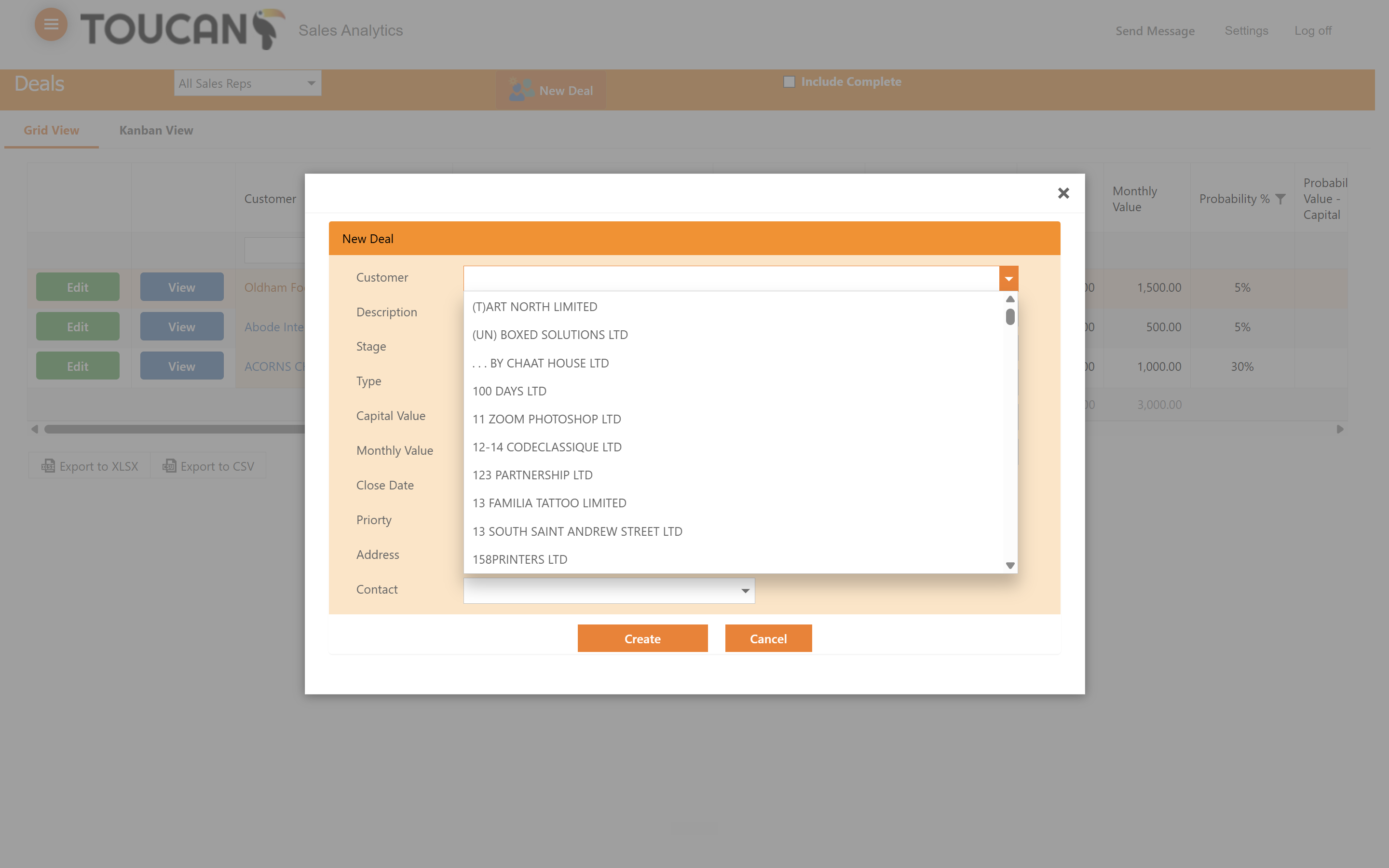 Step #13: Open the new deal form and click the Customer dropdown menu. When creating a new deal there much be a customer in your Toucan system created to attach them to a deal.