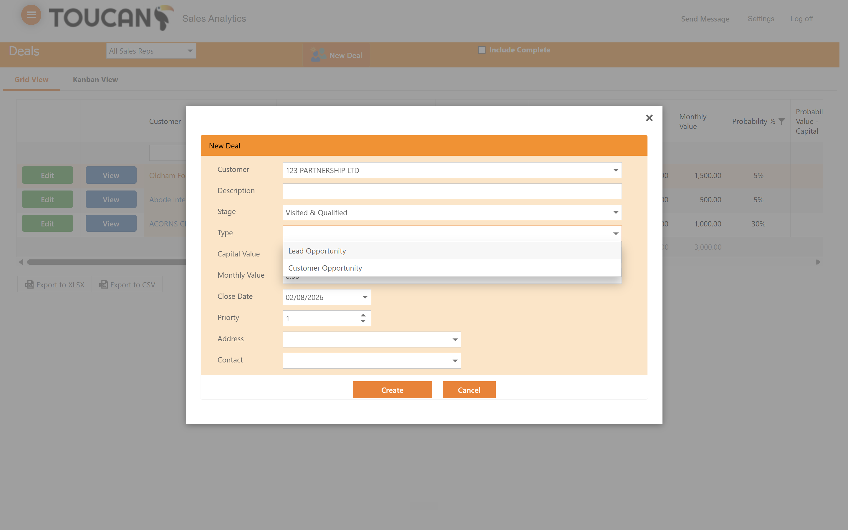 Step #17: Click the Type dropdown menu to identify if their are either a Lead Opportunity or Customer Opportunity.