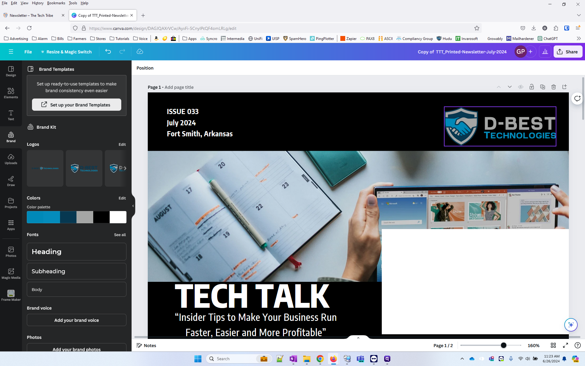 Step #27: Move the D-Best Technologies logo to the center of the header. There will be a thick vertical line (not a dotted one) when it is completely centered. Also horizontally center it (there will be a dotted horizontal line).