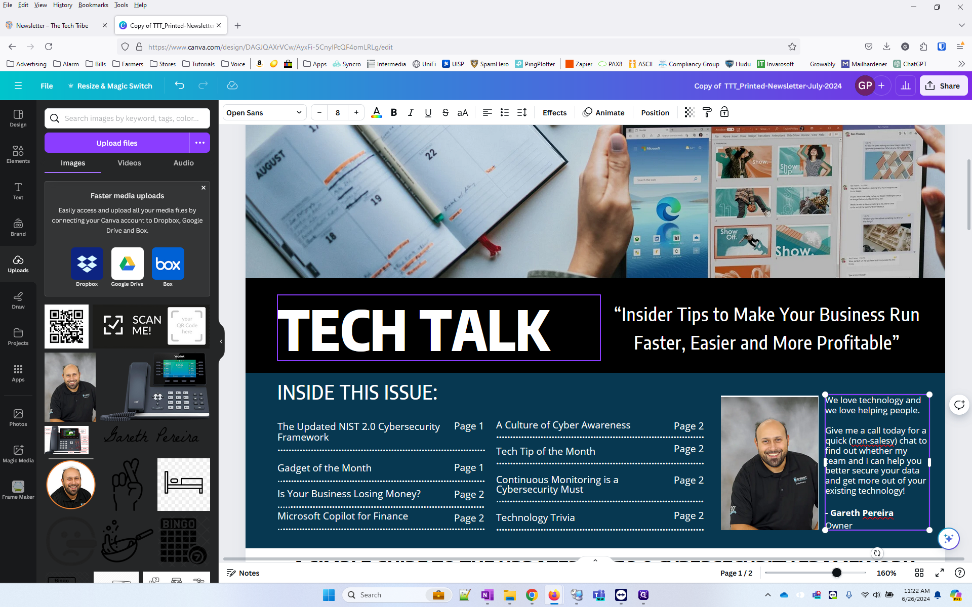 Step #12: We need to move the title over so that we can put an address label to the side. Move "TECH TALK" up until it's close to the top of the black space, and make it 3 sizes smaller.