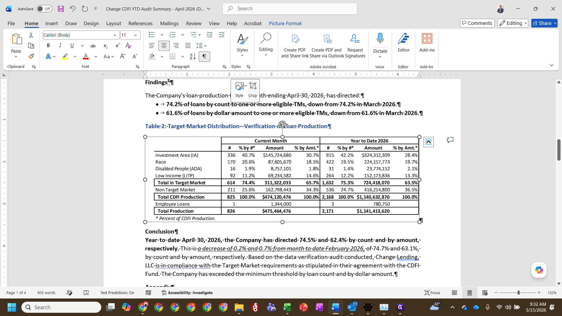 Step #6: Select the pasted picture and click Crop from the floating format menu to trim any excess whitespace so the table fits cleanly within the page margins.