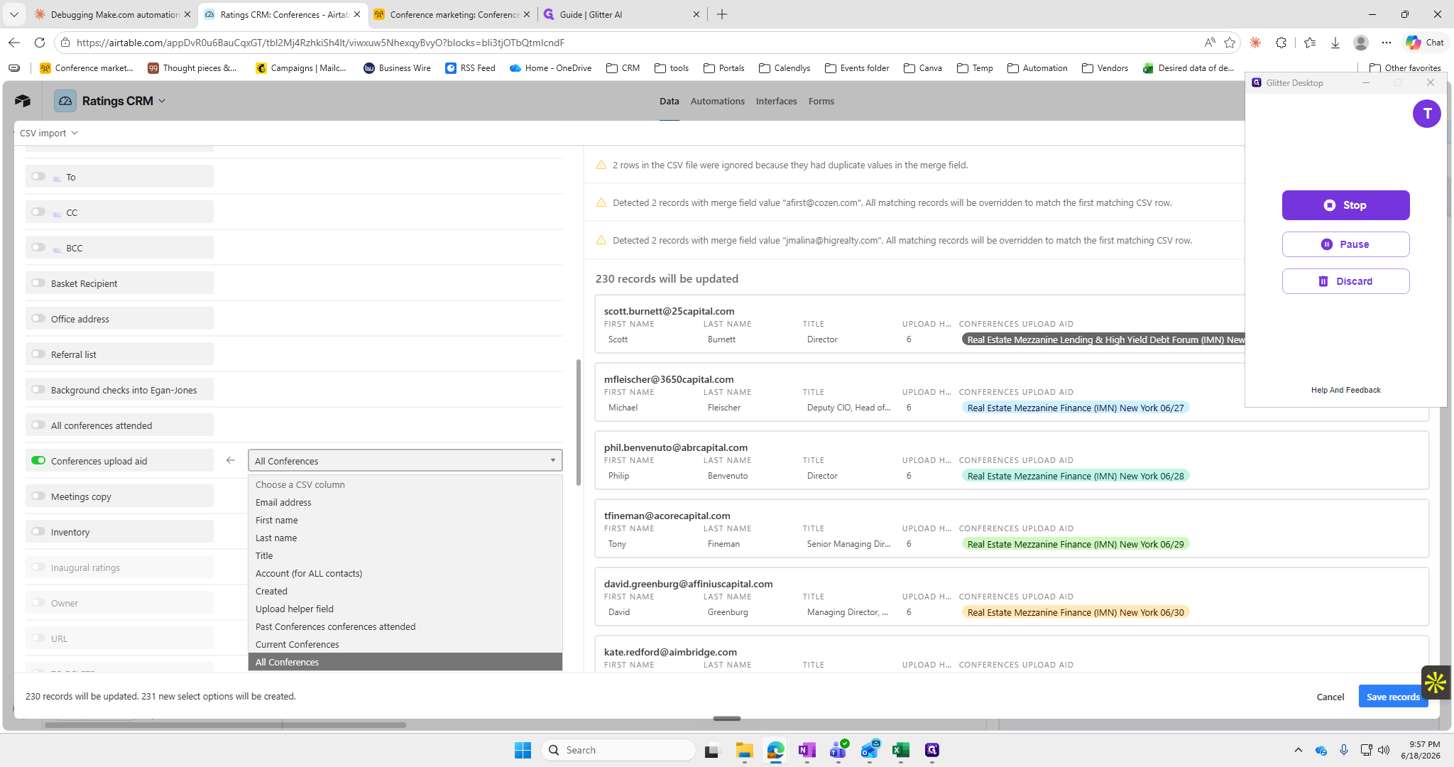 Step #23: Re-upload the CSV to Airtable, mapping the new All Conferences column to the Conferences Upload Aid field.