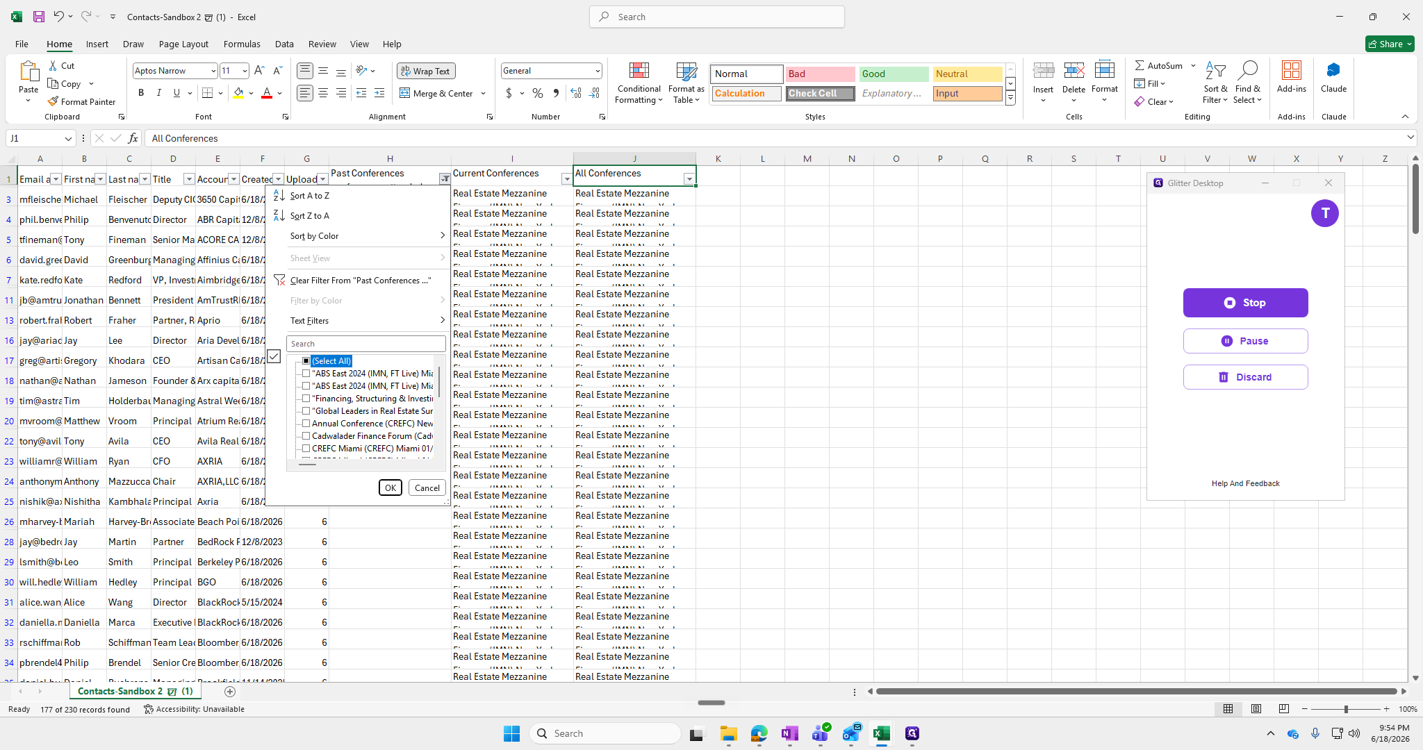 Step #17: Change the filter on the Past Conferences column to exclude blanks (showing only contacts with past history).
