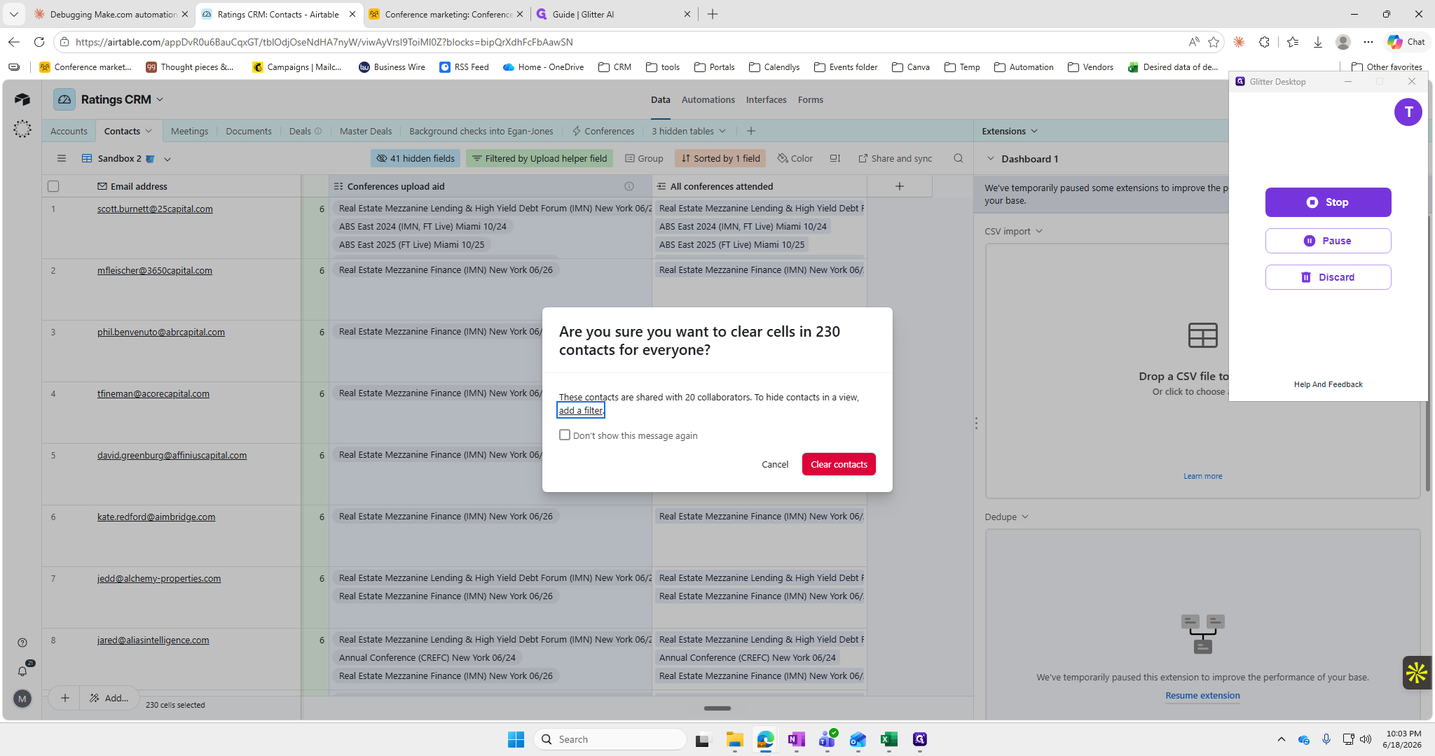 Step #26: Select the temporary Upload Helper and Conferences Upload Aid values and click Clear contacts to clean up the database.