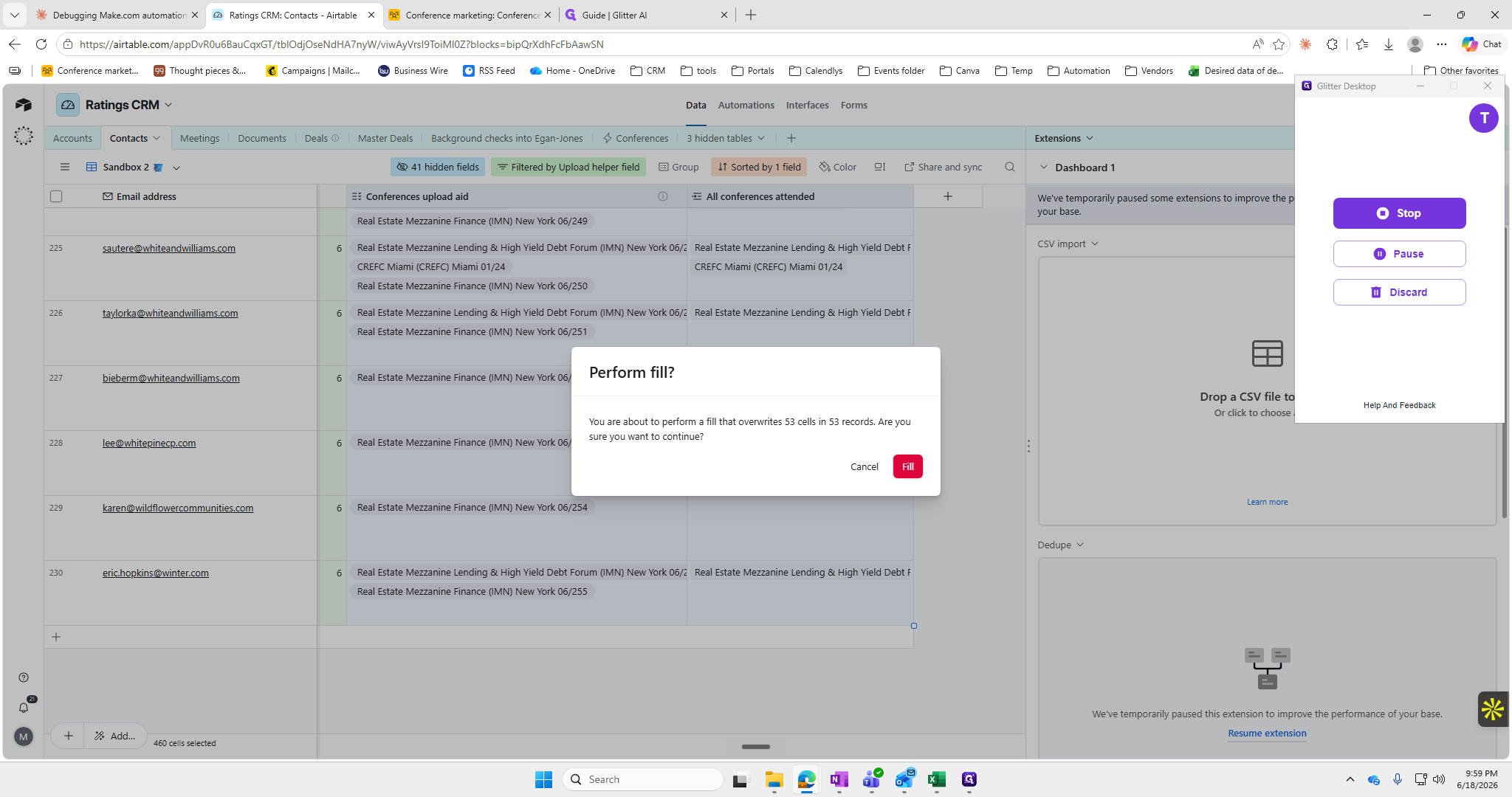Step #25: Copy the data from the temporary Conferences Upload Aid column into the final All Conferences Attended column and click Fill to confirm the overwrite.
