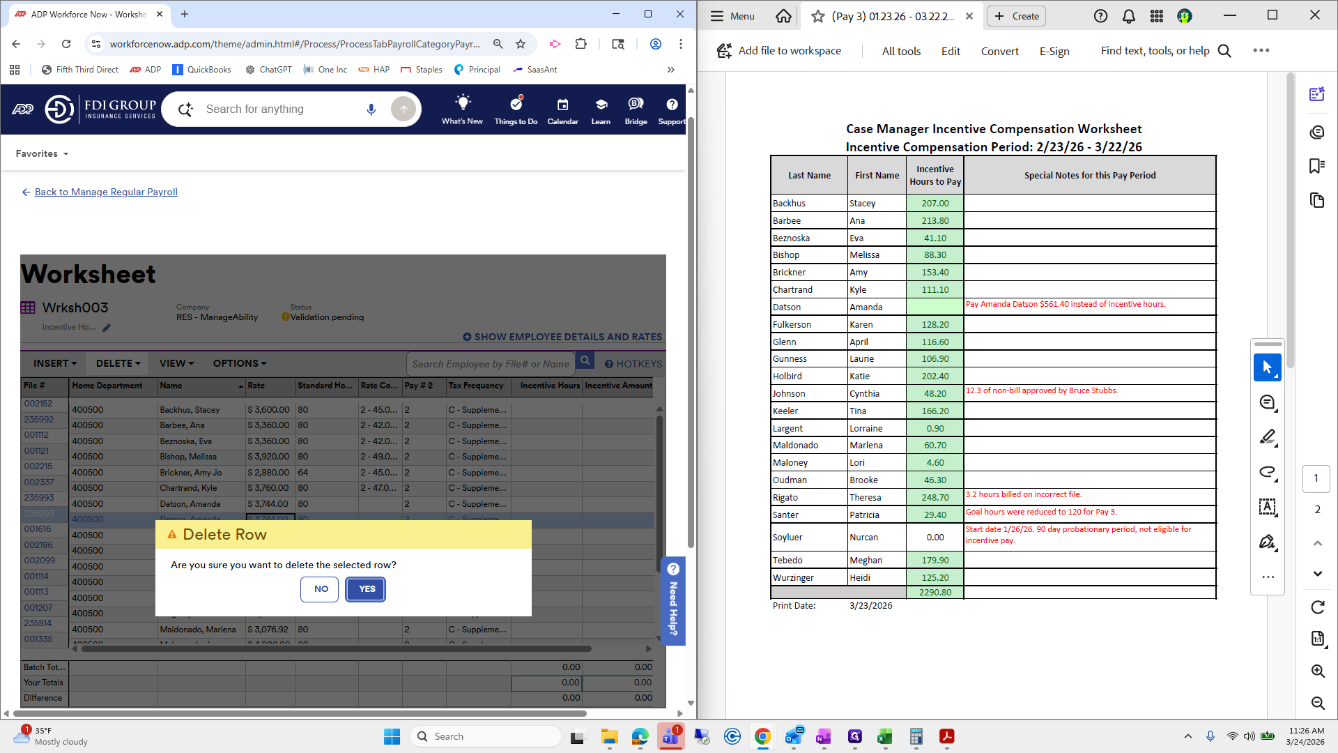 Step #211: Click on "Are you sure you want to delete the selected row ?"