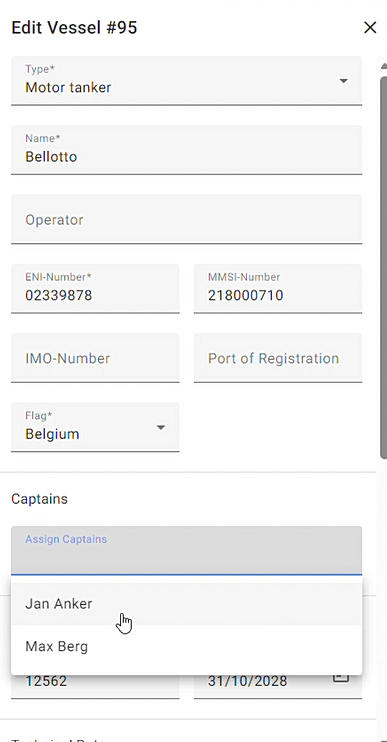Step #4: In the "Edit Vessel" column, add the captains in the field provided.