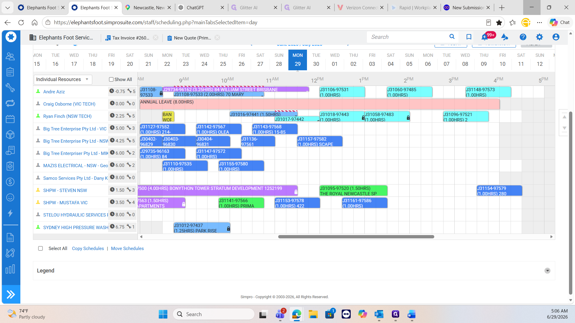 Step #5: Open the Simpro scheduling interface and verify the exact date of the scheduled chute cleaning job.