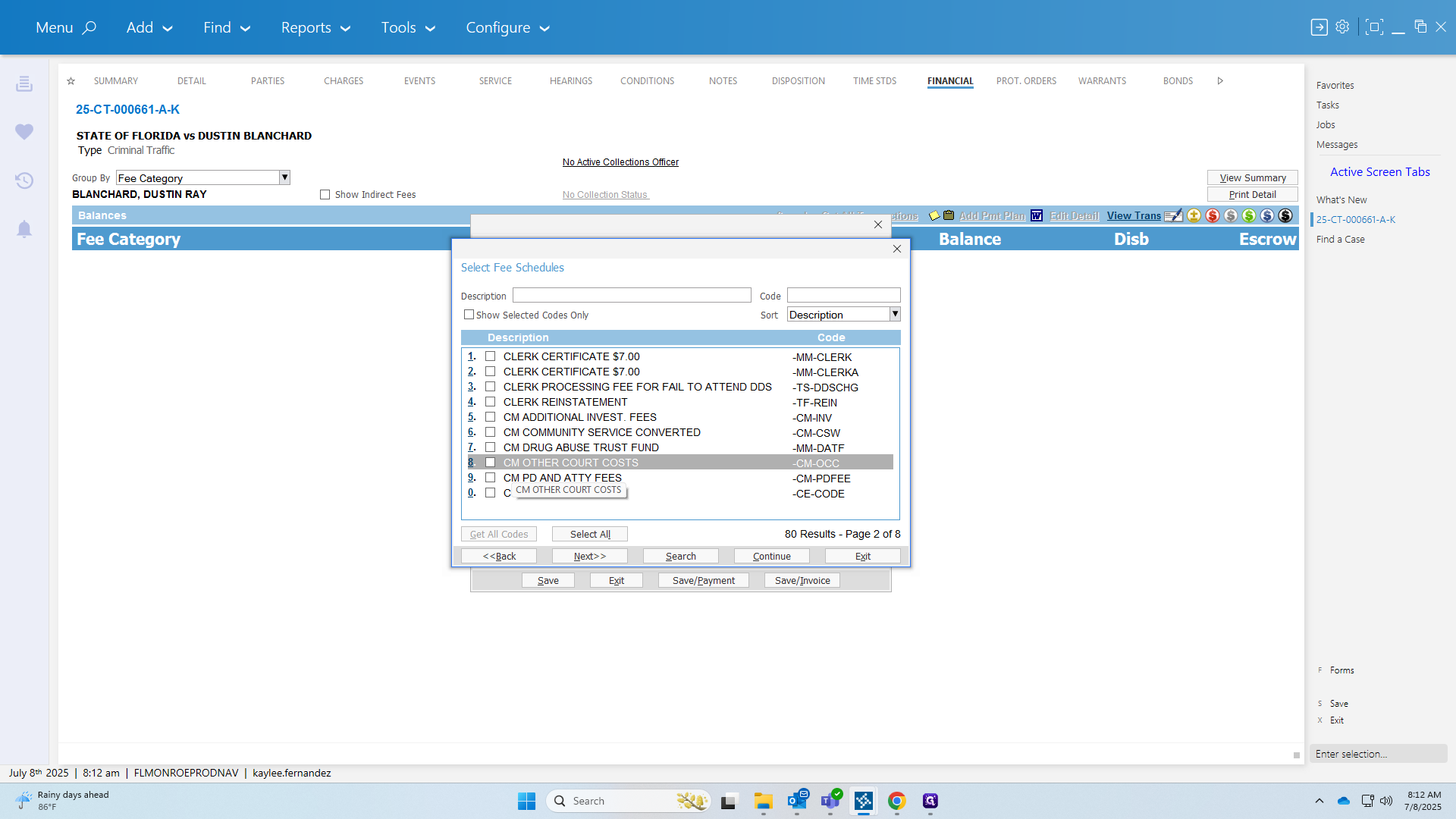 Step #8: Click on "CM OTHER COURT COSTS"