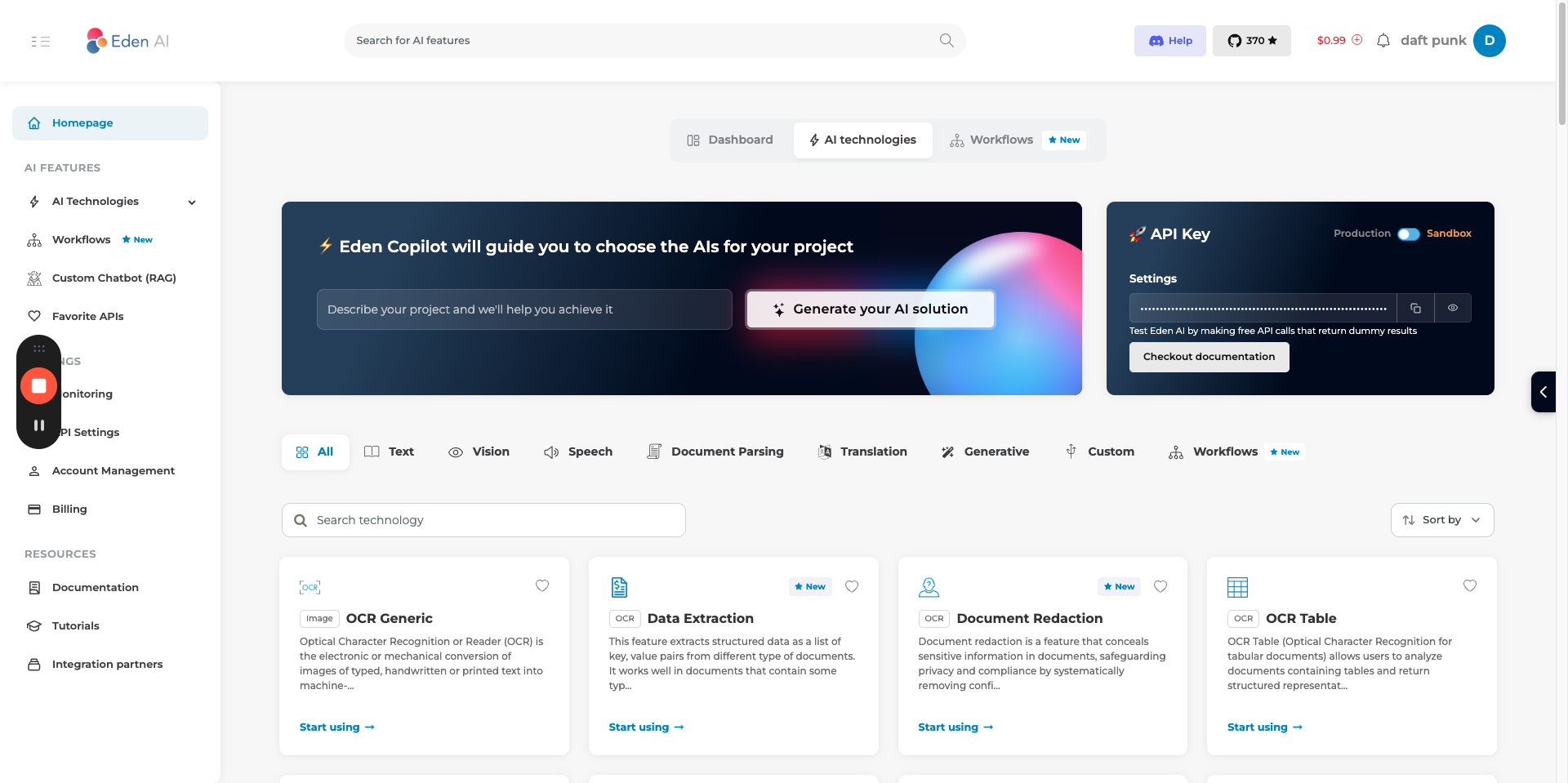Step #2: Once you sign up, you receive a $1 free credit. Switch to the production API key.