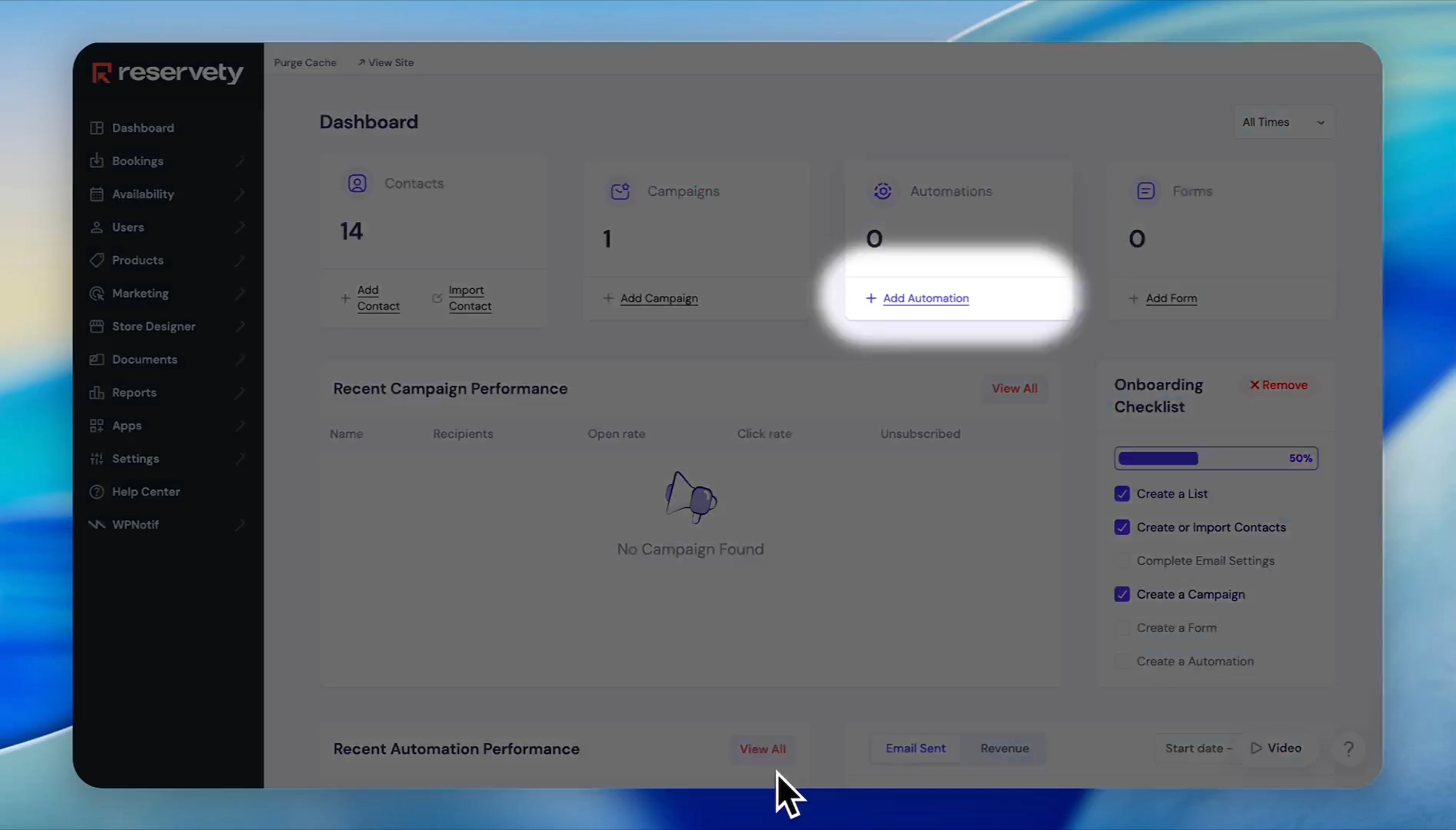 Step #12: Click Add Automation in the automation panel to access your campaigns.