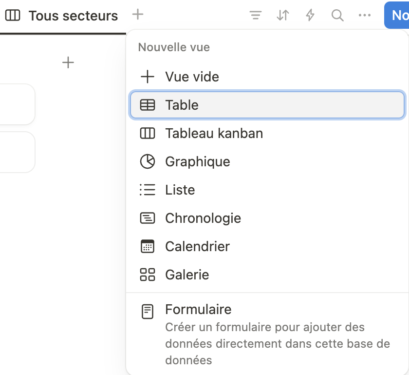 Step #23: Pour la création d'une vue "Liste stock événement", cliquez sur sur "+" et "Table"