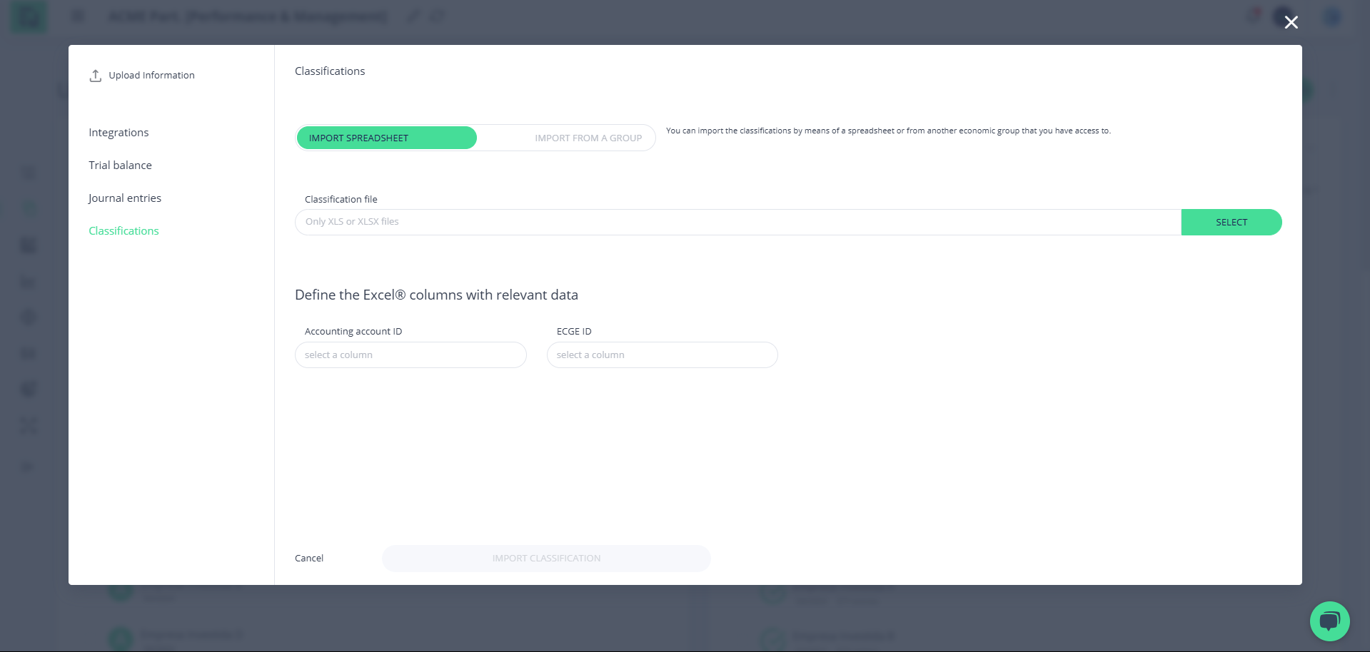 Step #10: Modal de importação de classificações via Grupo Econômico