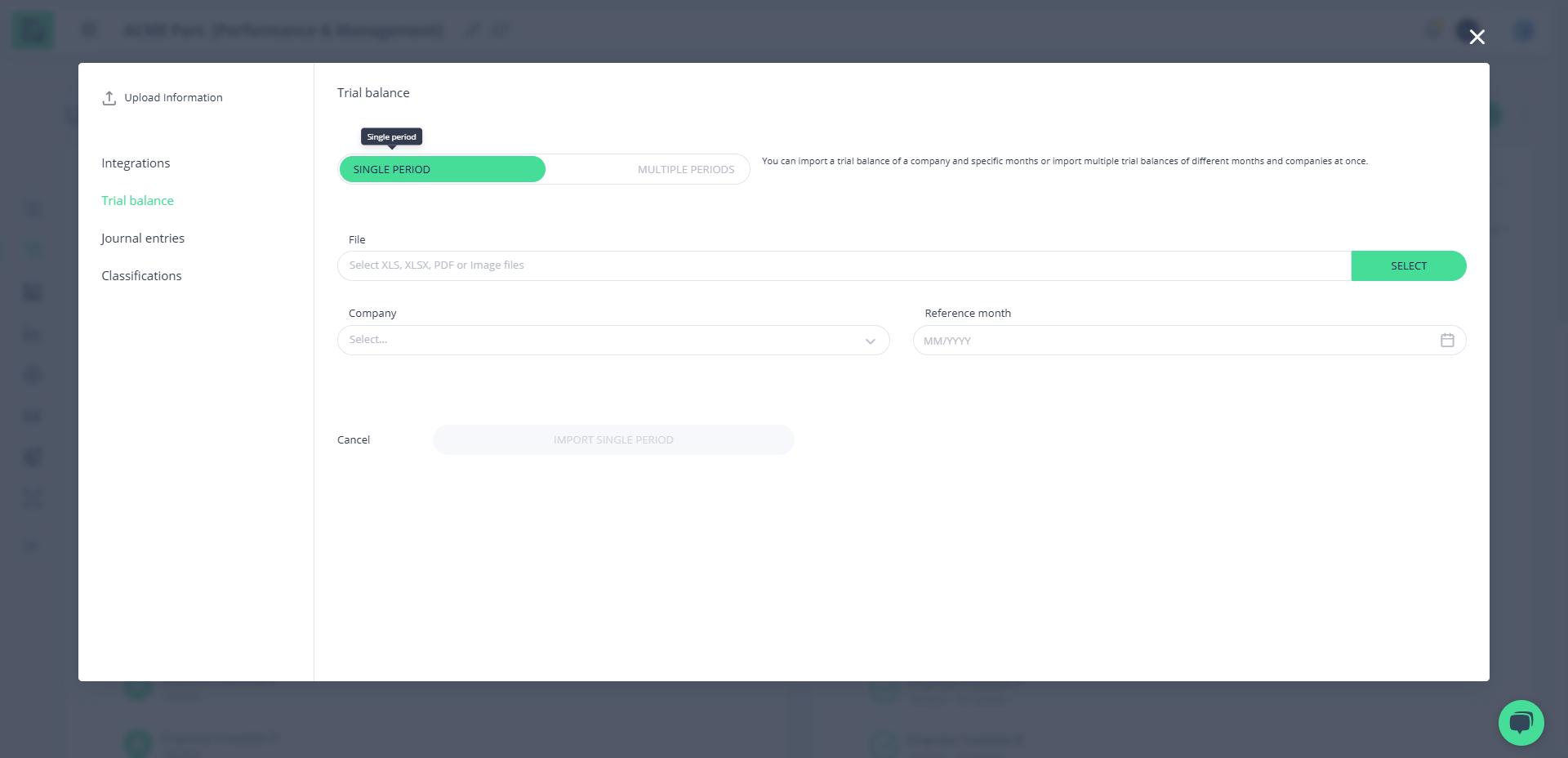 Step #3: Selecione o tipo de período de importação para o balancete
