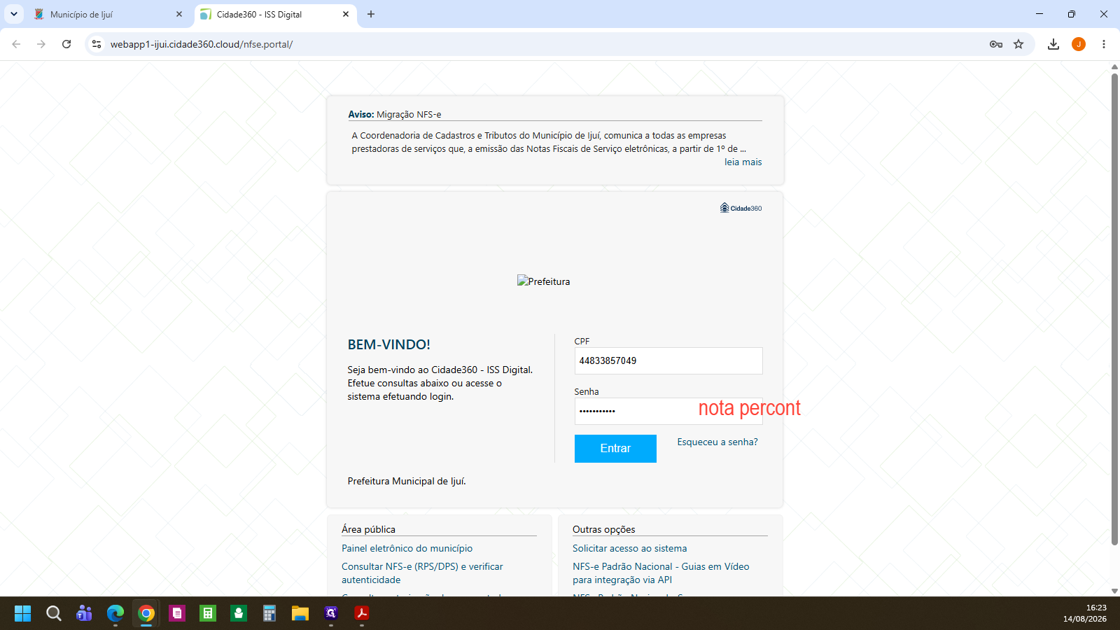 Step #3: Clique no botão azul Entrar para acessar o sistema ISS Digital.