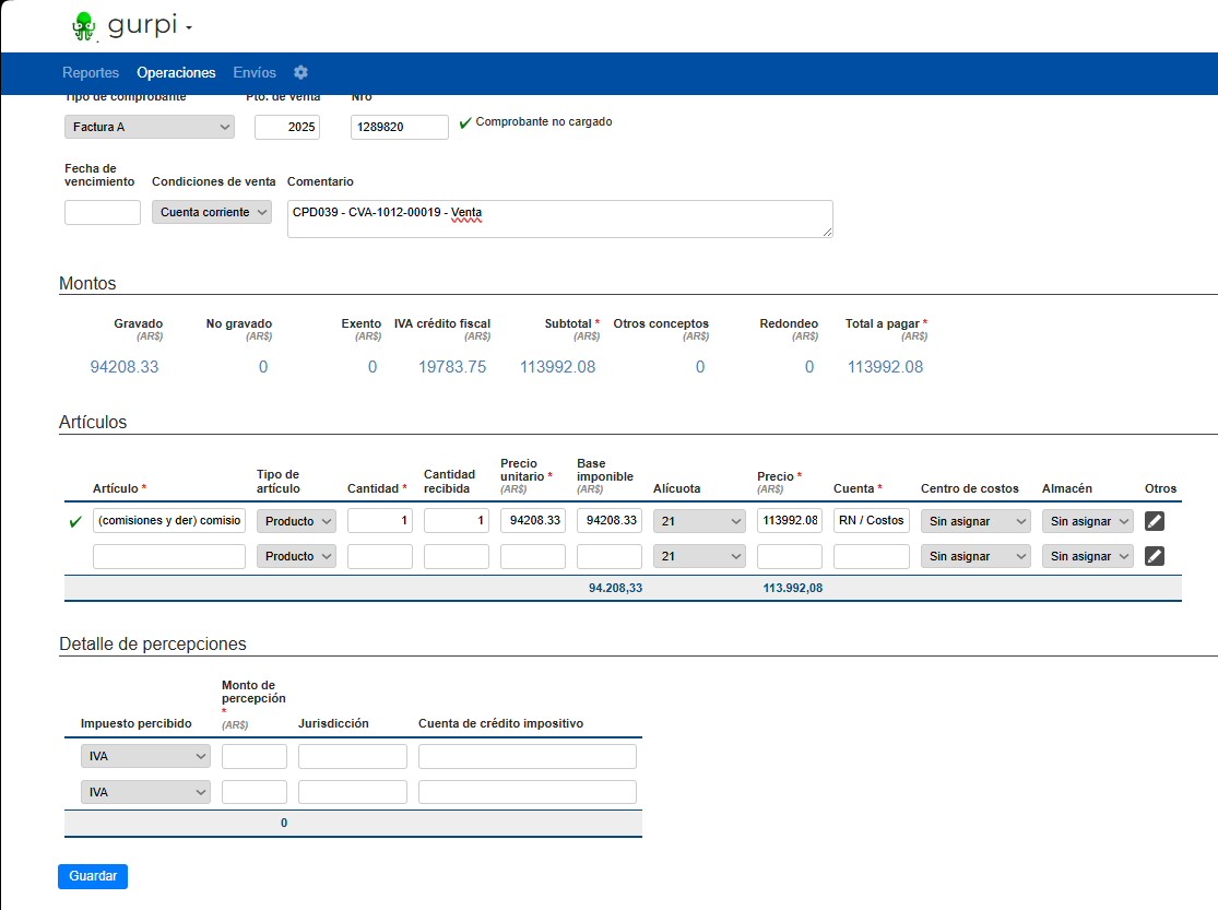 Step #22: Clic en Guardar para registrar la factura de compra con las modificaciones.