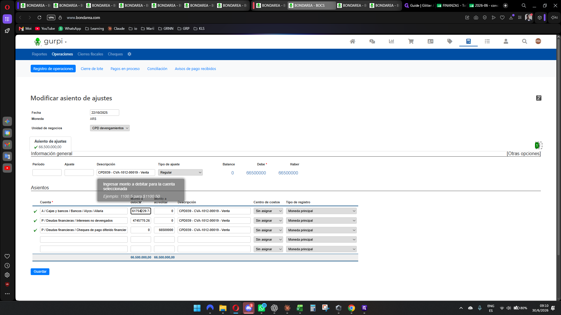 Step #9: Verificar los montos a debitar y acreditar según el neto y la suma total del cheque.Se coloca:- Neto a recibir + Gastos (de ALyC y MAV);- Intereses a devengar;- VN del instrumento.
