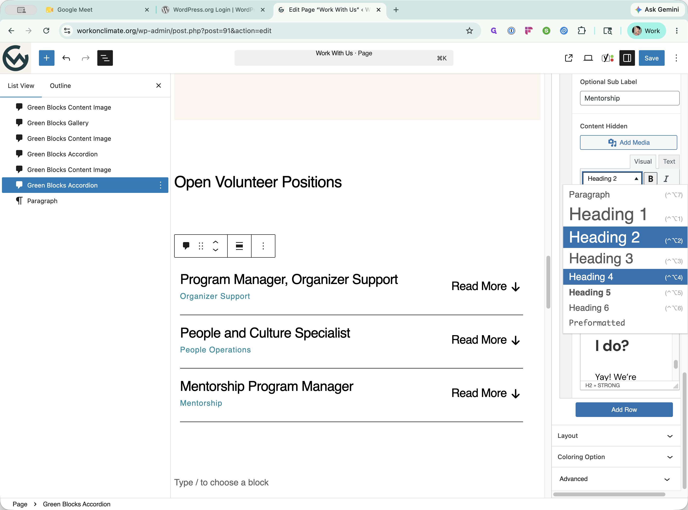 Step #6: Highlight the section headings in your pasted content and change them to Heading 4 using the block formatting toolbar.