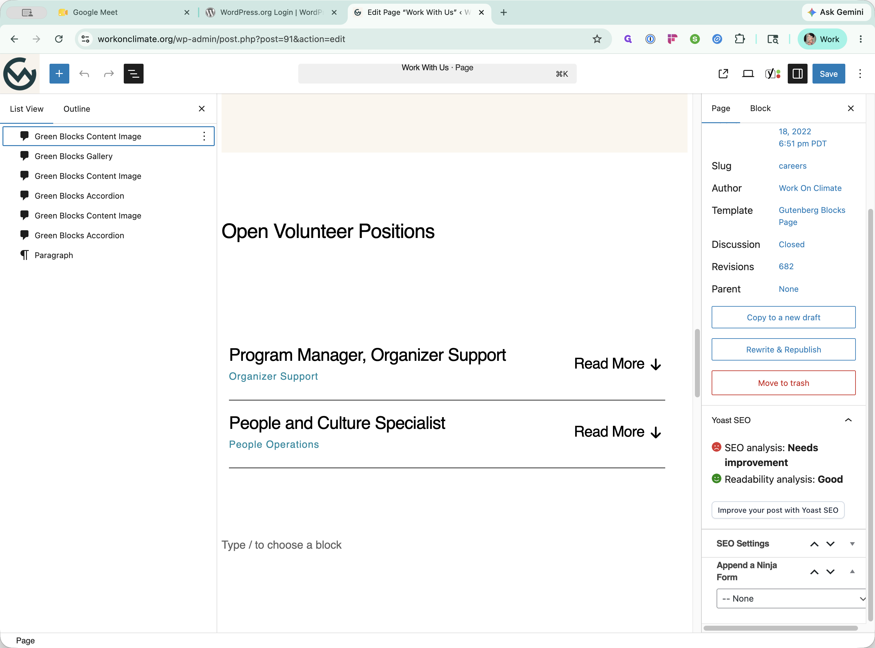 Step #1: Navigate to the "Work With Us" page in the WordPress editor and select the Green Blocks Accordion block from the List View sidebar.