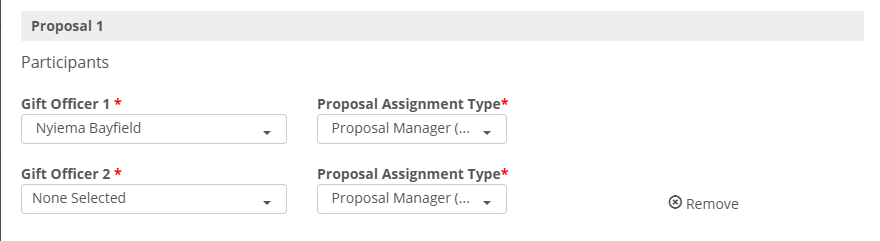 Step #12: In the Gift Officer 2 Field, select the name of the other Development Officer that should be associated with the Proposal from the dropdown menu. The Proposal Assignment Type Field should have Proposal Manager preselected as its value. If Proposal Assignment Type is blank or wrong, select Proposal Manager from the dropdown